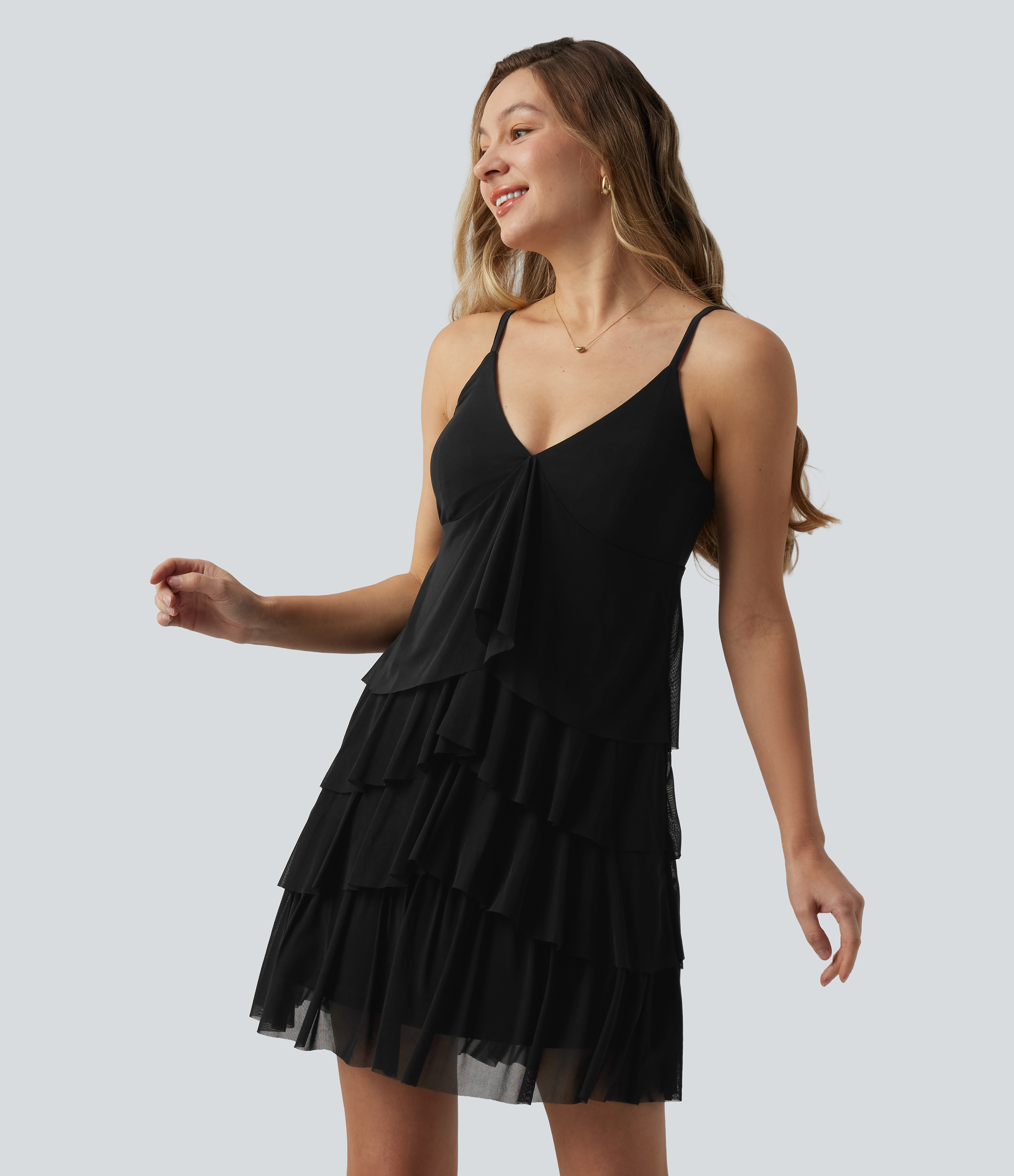 Crisscross Backless Mesh Overlay Built-in Bra Mini Casual Tiered Slip Dress with Pockets