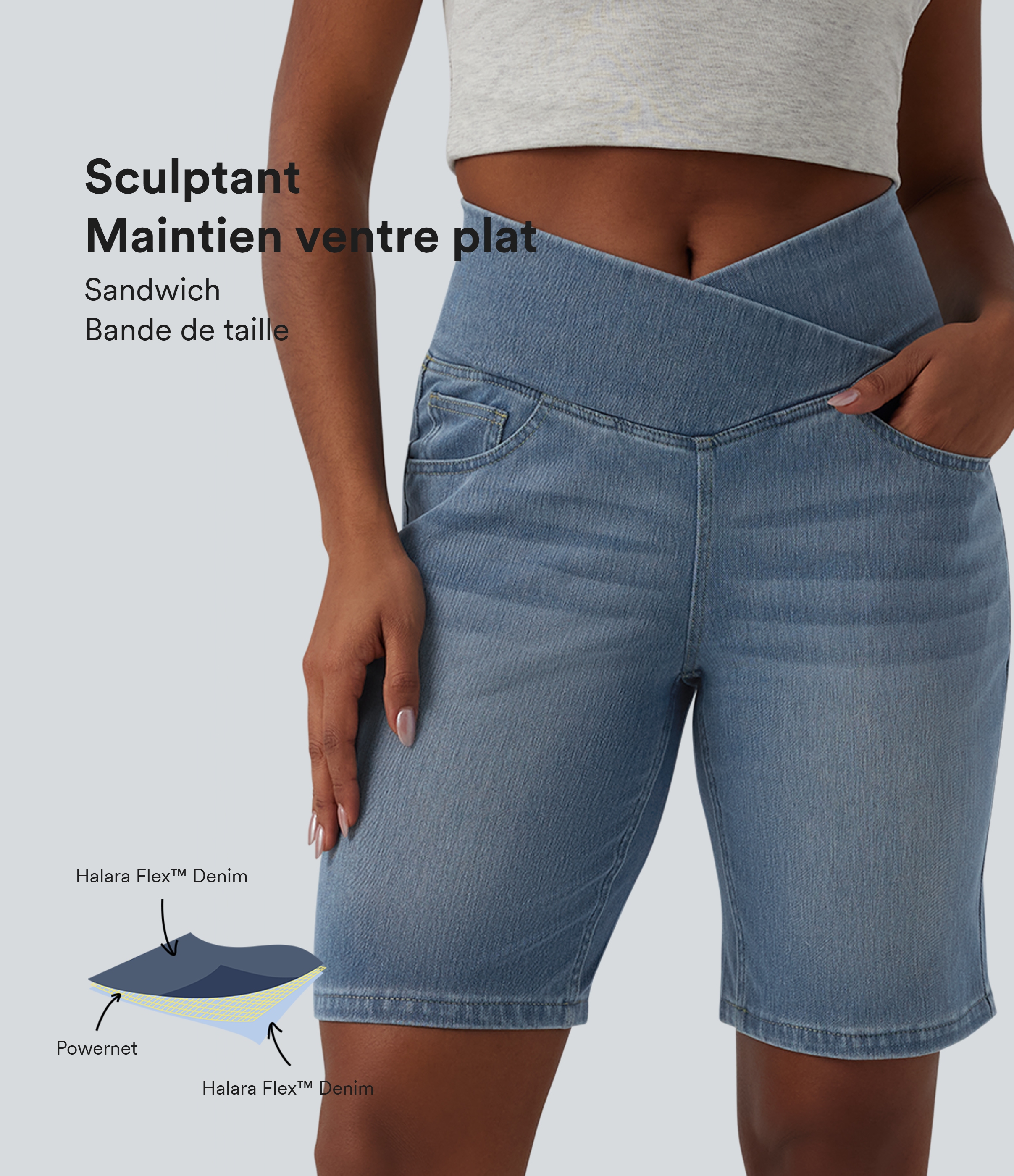 Short en jean Halara Flex™ casual gainant taille haute croisée avec poches