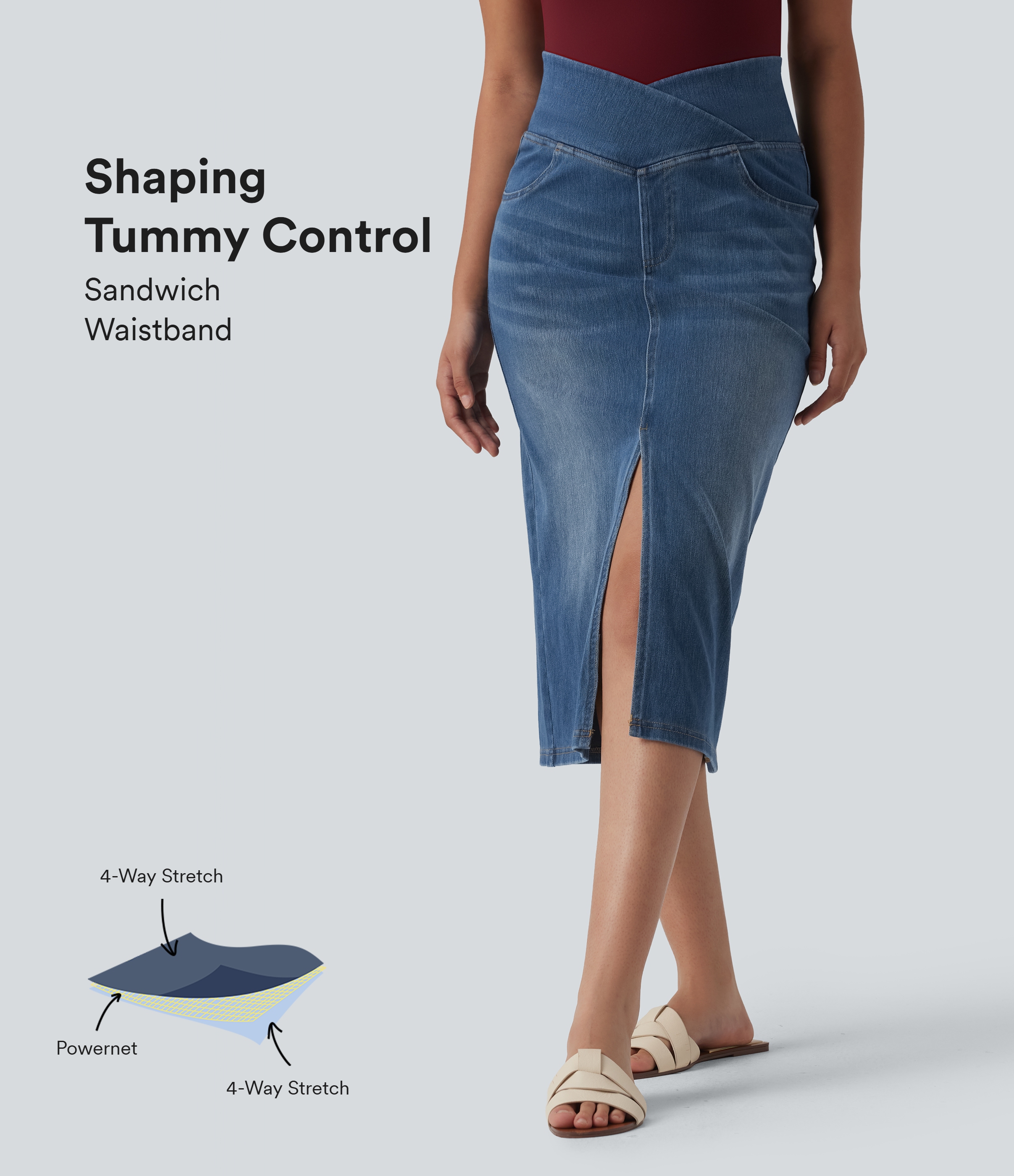 Halara Flex™ Jupe droite casual en jean asymétrique taille haute ventre plat avec fente et poches