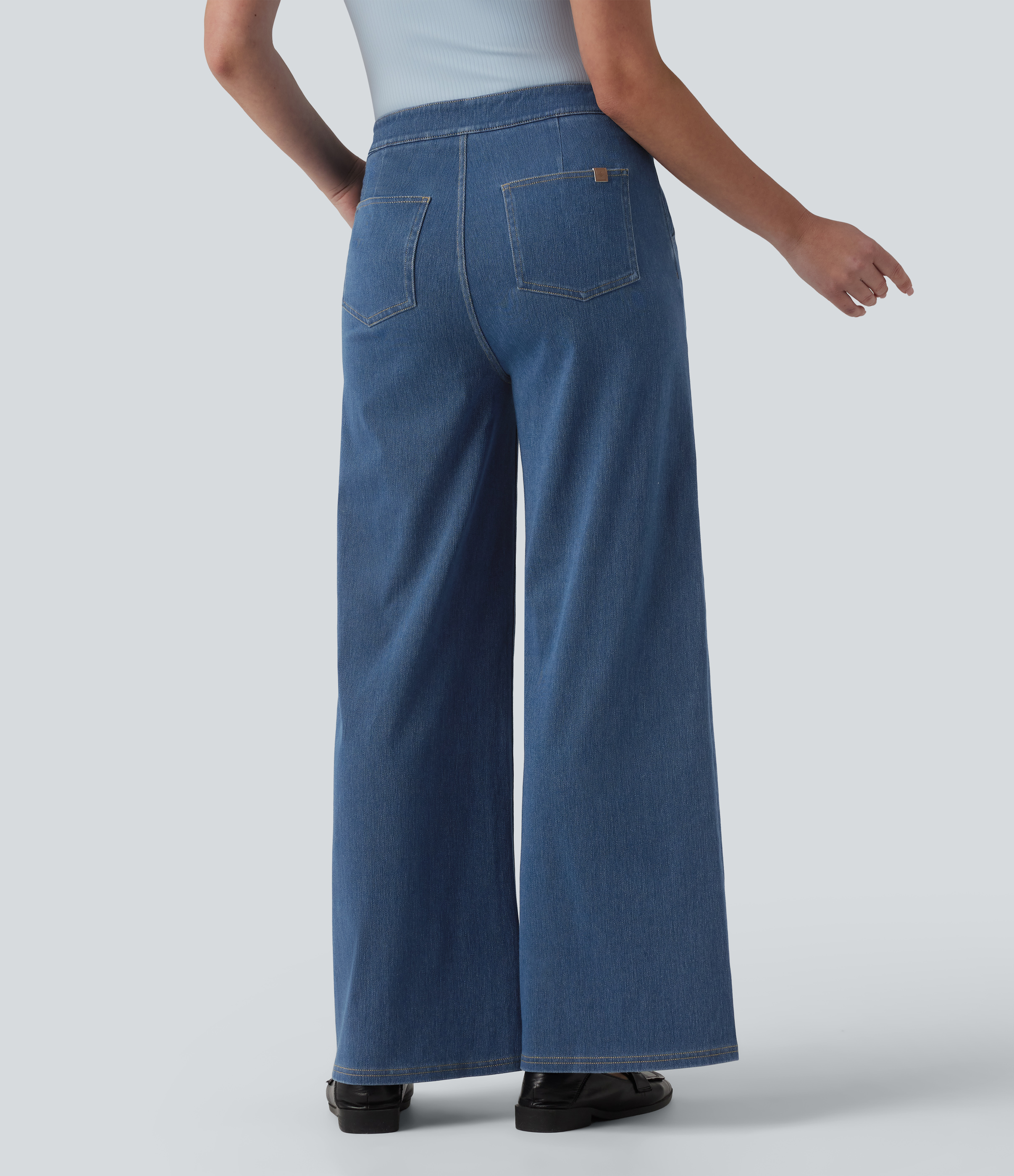 Estate Blue Denim Halara Flex™ High Waisted Decorative Buttons Casual Wide Leg Jeans with Pockets / 2
