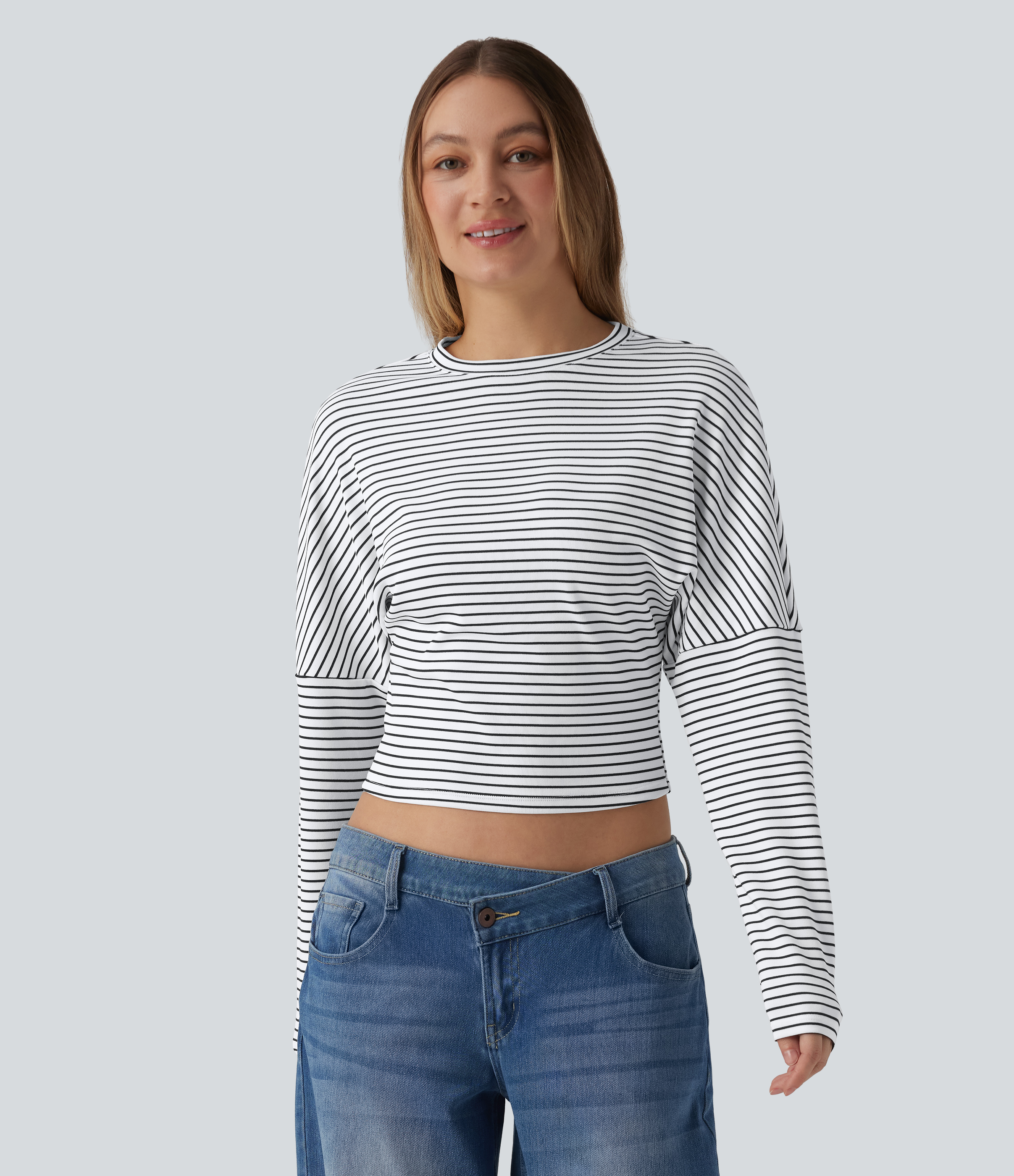 Ribbed Knit Round Neck Long Sleeve Stripes Casual Top