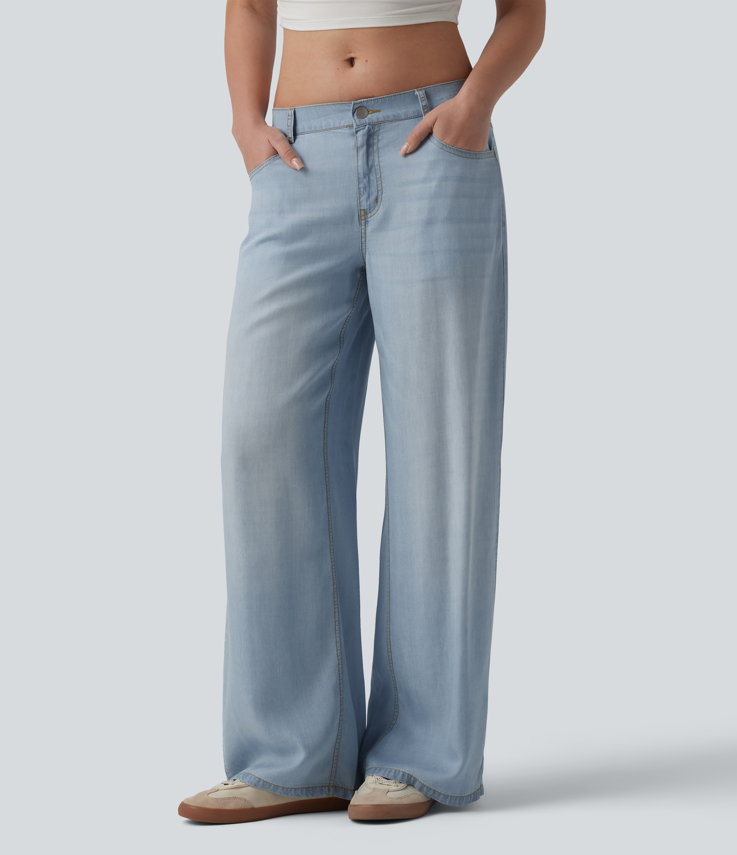 Vaqueros casuales de tiro bajo, drapeados y de pierna ancha con bolsillos