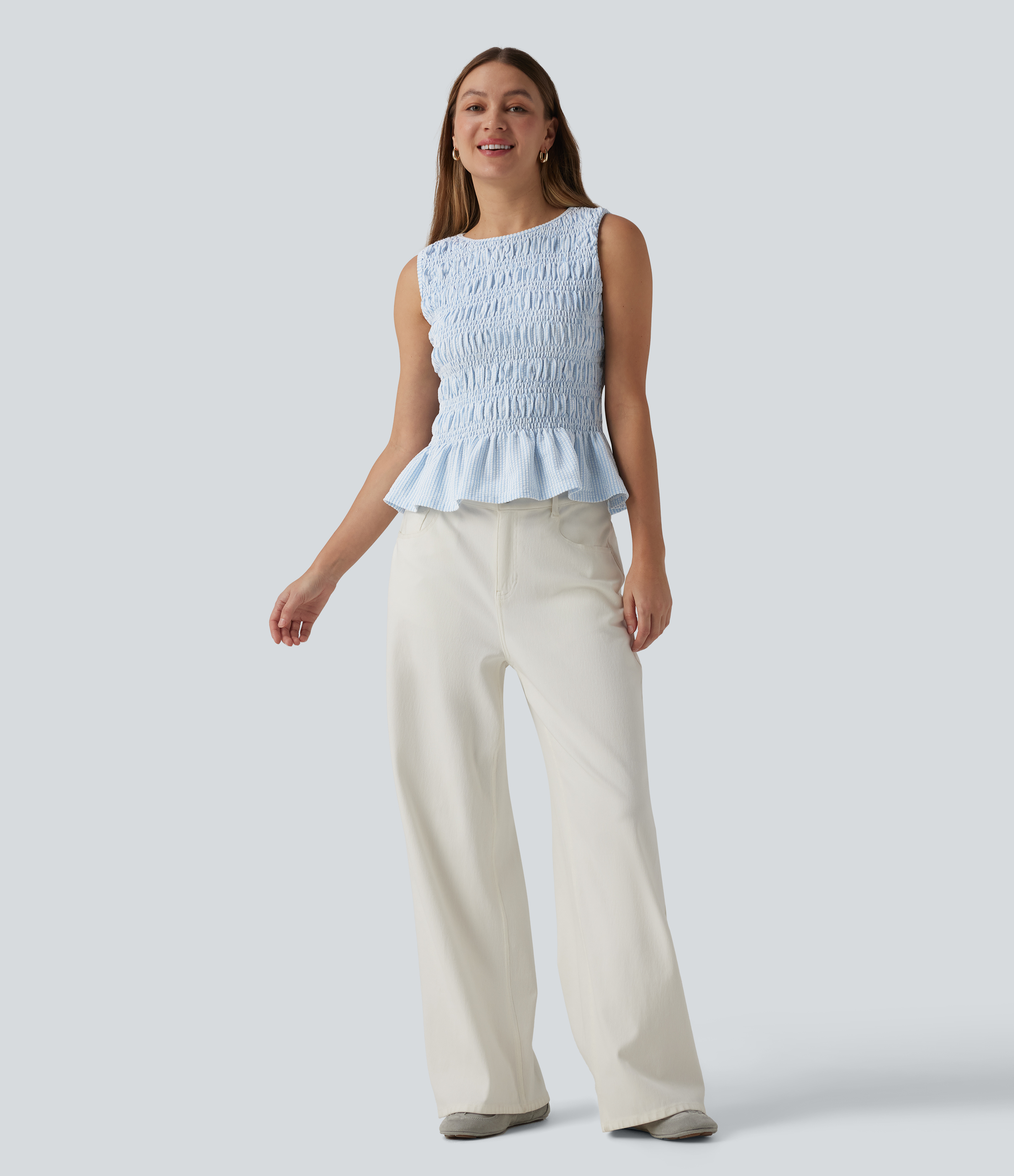 Women's Boat Neck Sleeveless Stripe Shirred Ruffle Hem Casual Top