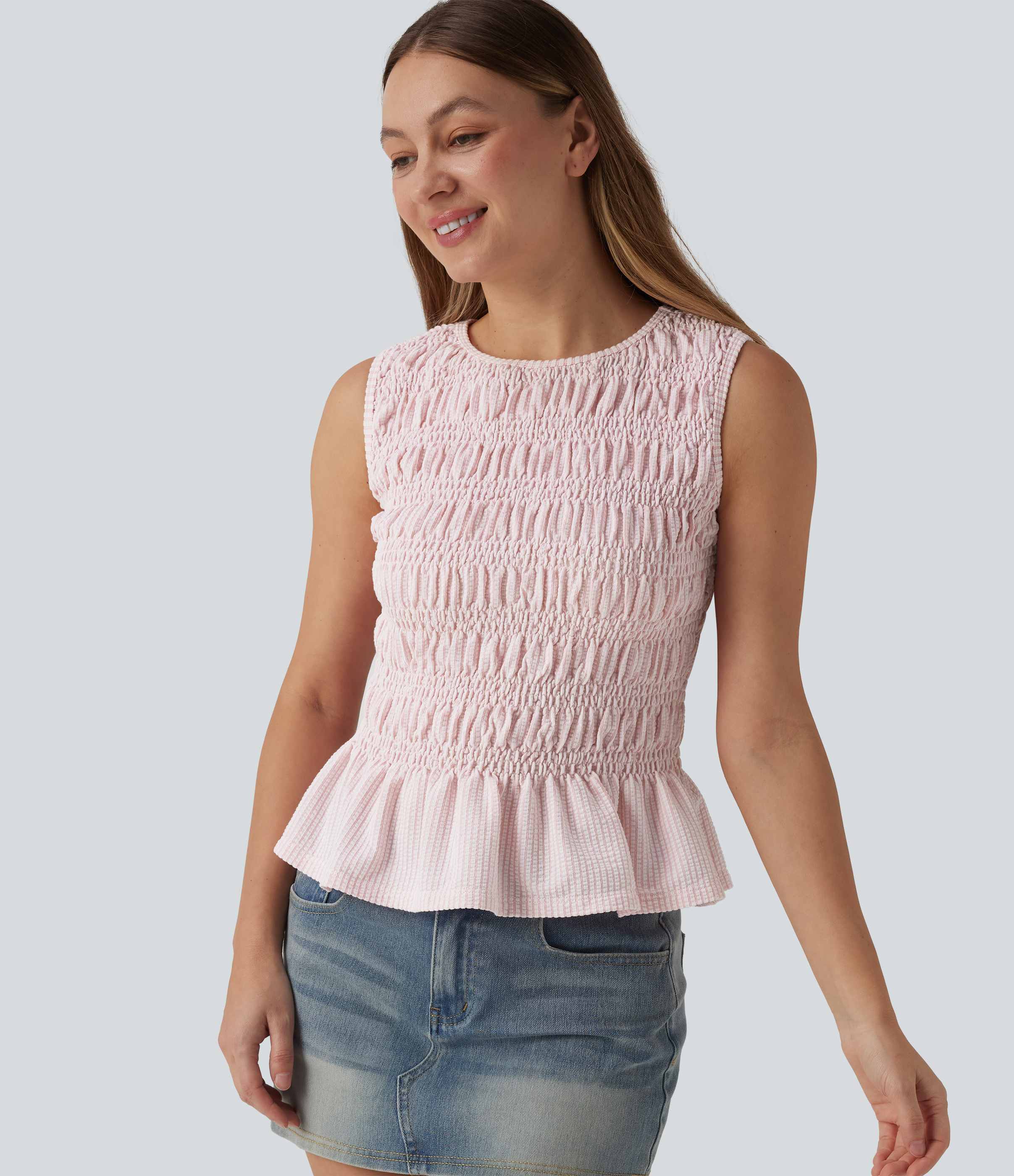 Women's Boat Neck Sleeveless Stripe Shirred Ruffle Hem Casual Top