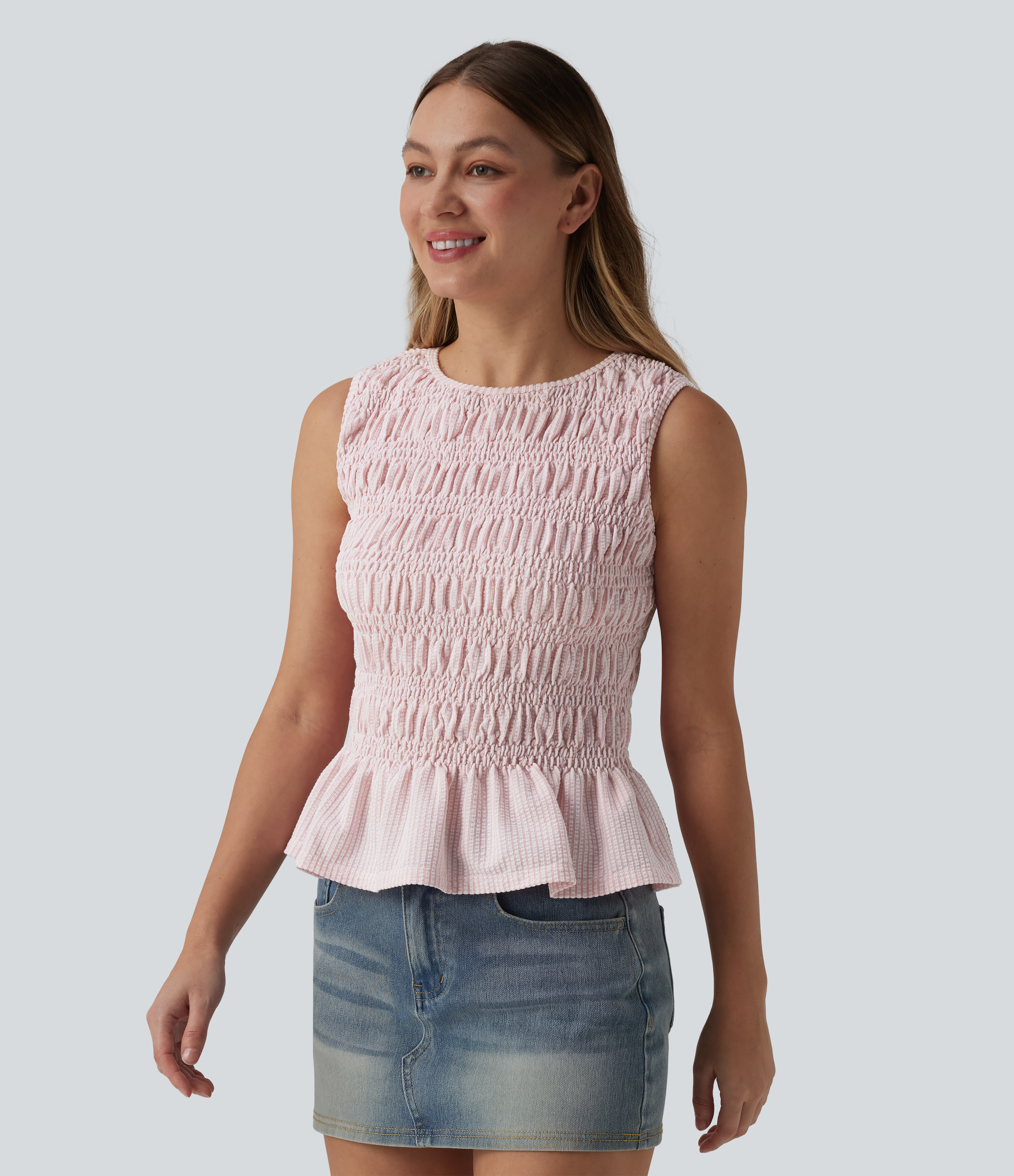 Women's Boat Neck Sleeveless Stripe Shirred Ruffle Hem Casual Top