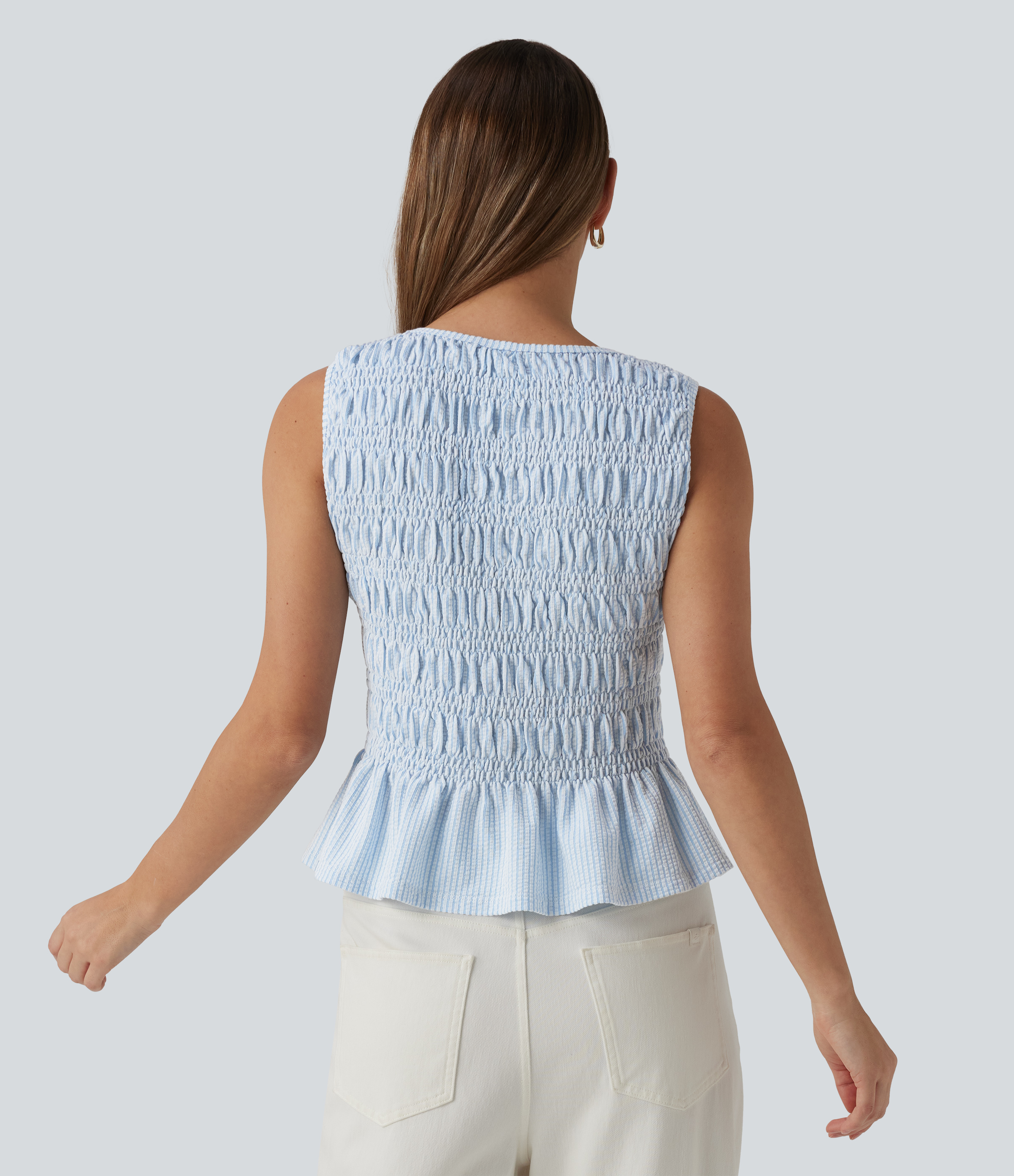 Women's Boat Neck Sleeveless Stripe Shirred Ruffle Hem Casual Top