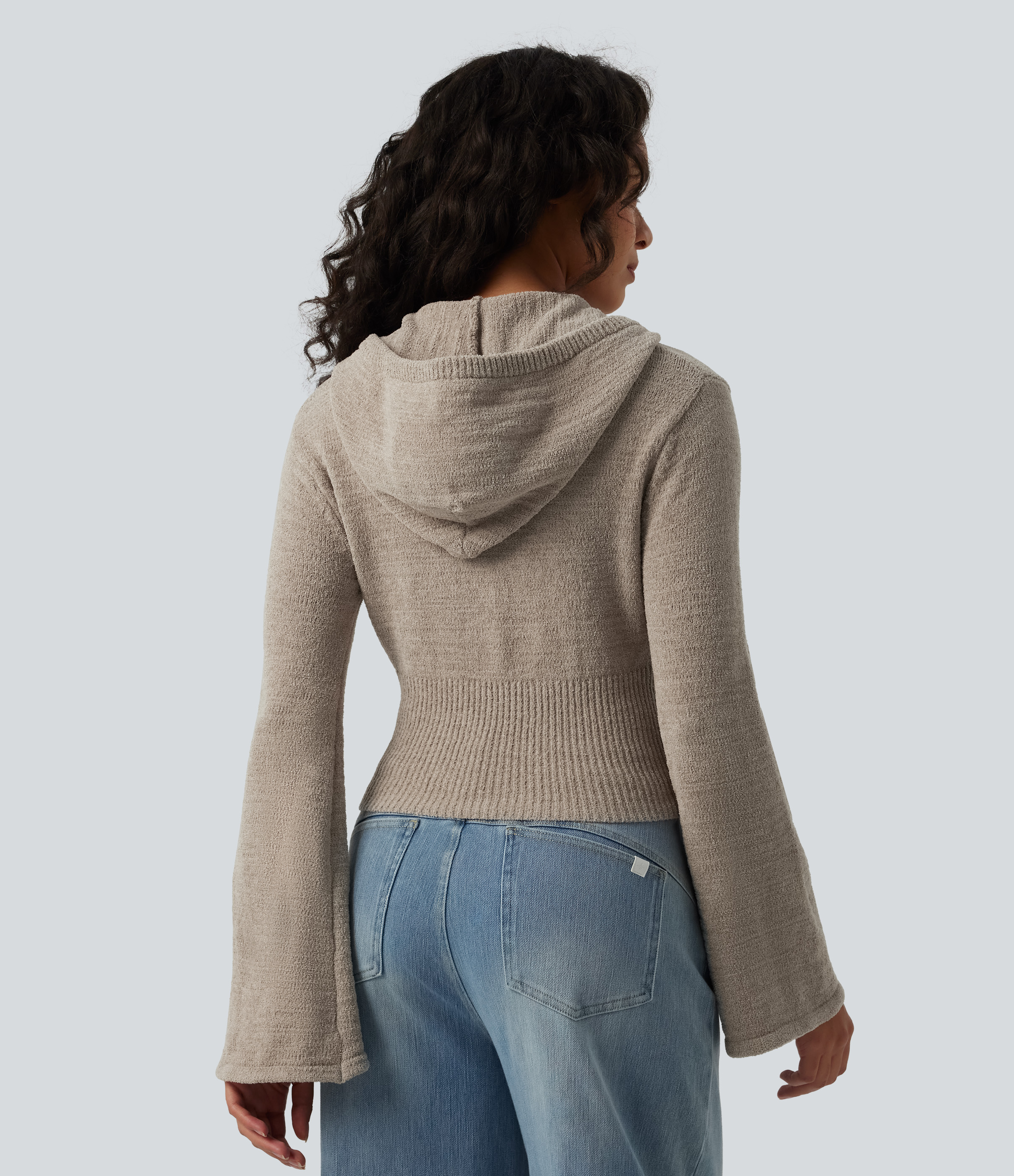 Hay Brown Cardigan décontracté à capuche, manches volantées et fermeture éclair / 2
