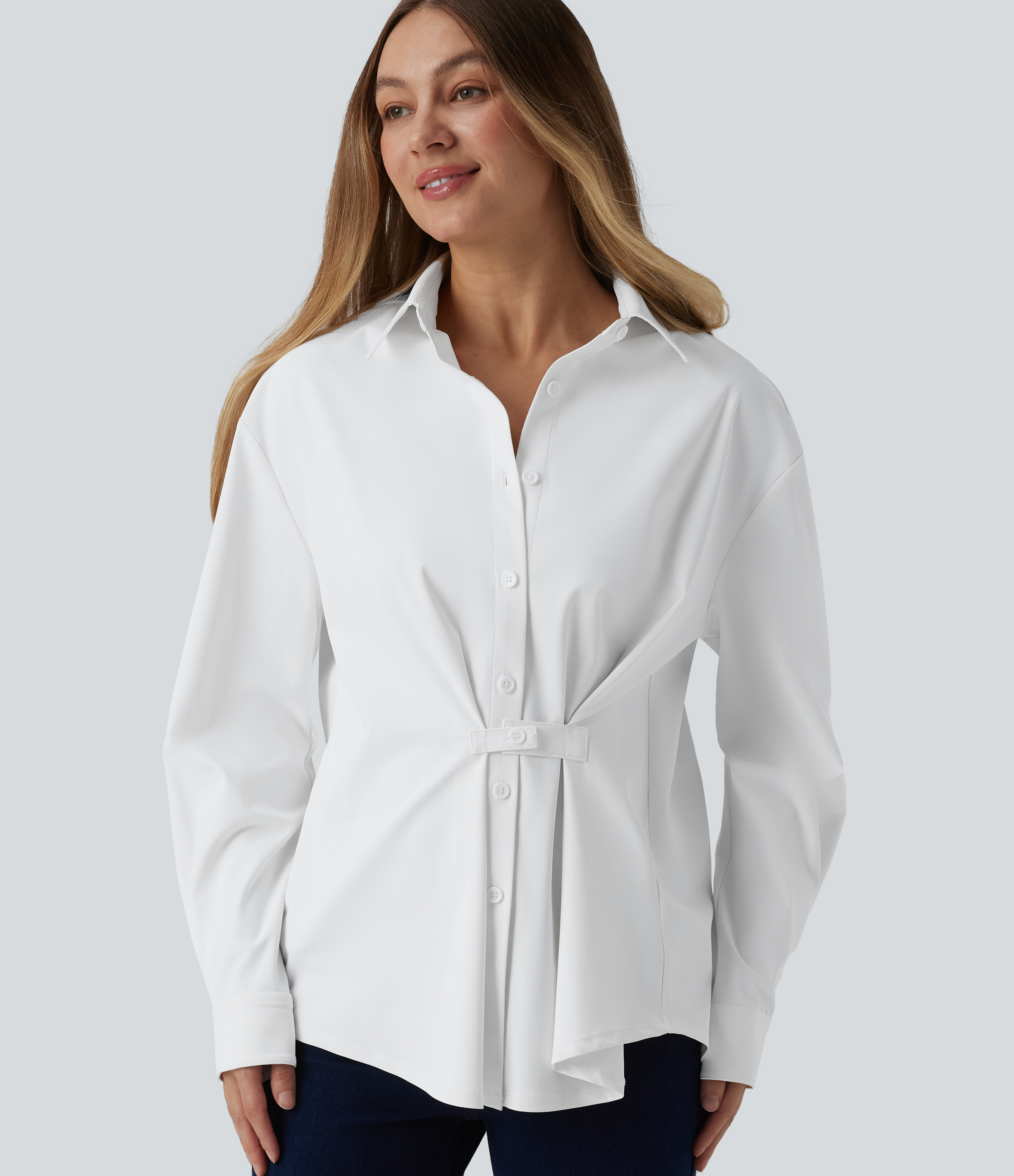 Collared Long Sleeve Pleated Back Curved Hem Wrinkle-resistant Quick Dry Casual Shirt