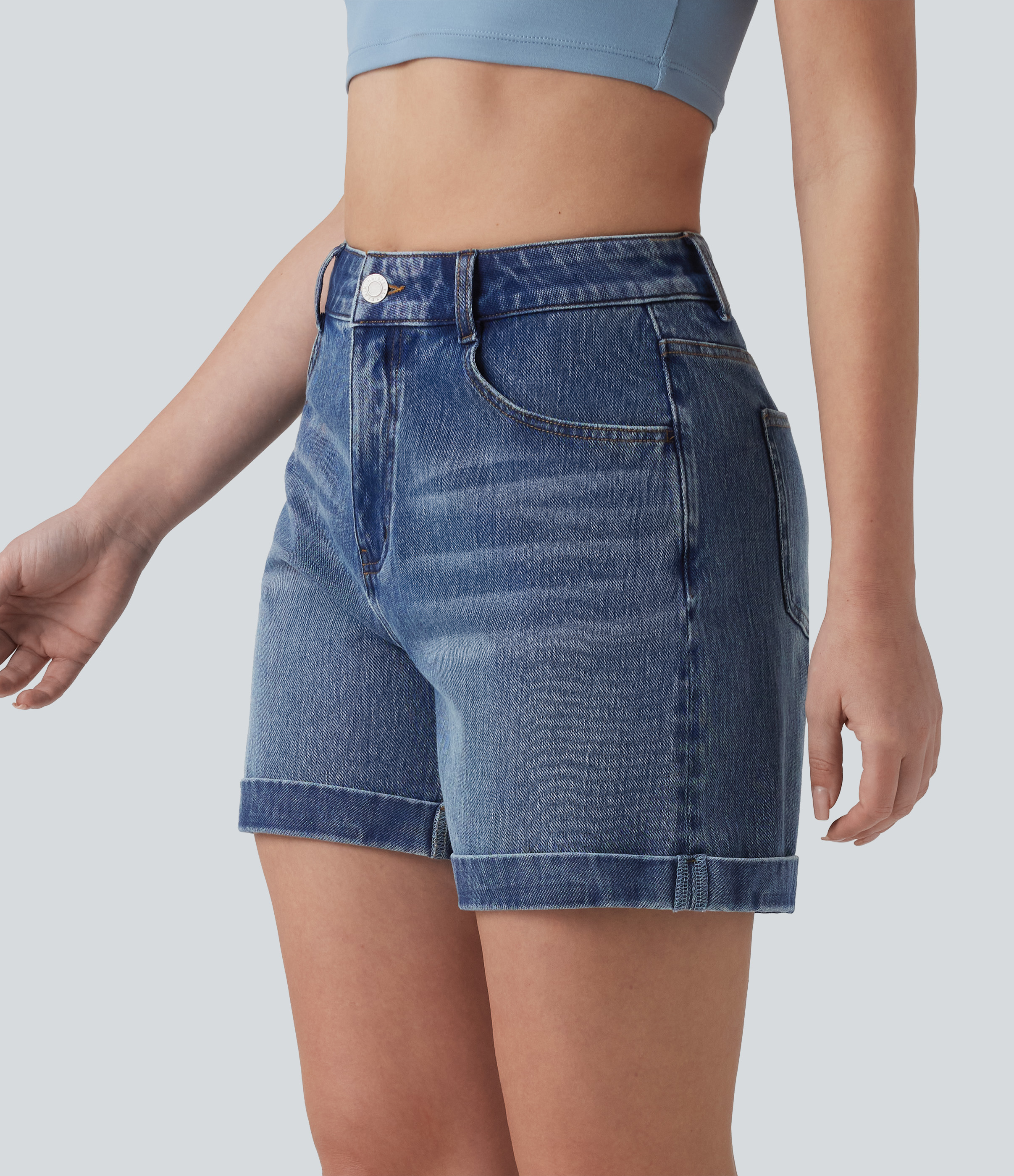 Halara Flex™ Mid Rise Rolled Hem Denim Casual Shorts 5'' with Pockets