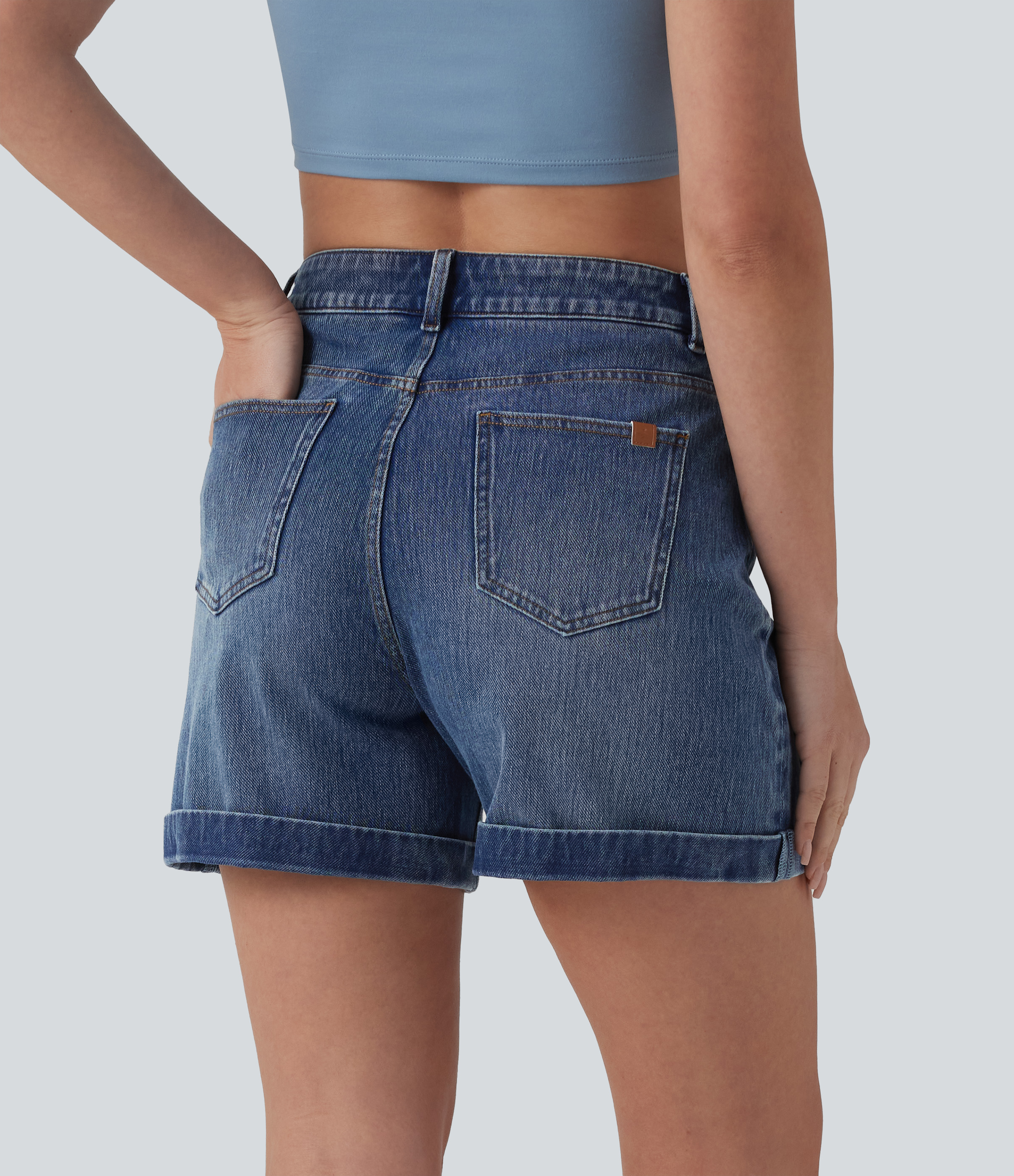 Cerulean Blue Denim Halara Flex™ Mid Rise Rolled Hem Denim Casual Shorts 5'' with Pockets / 2