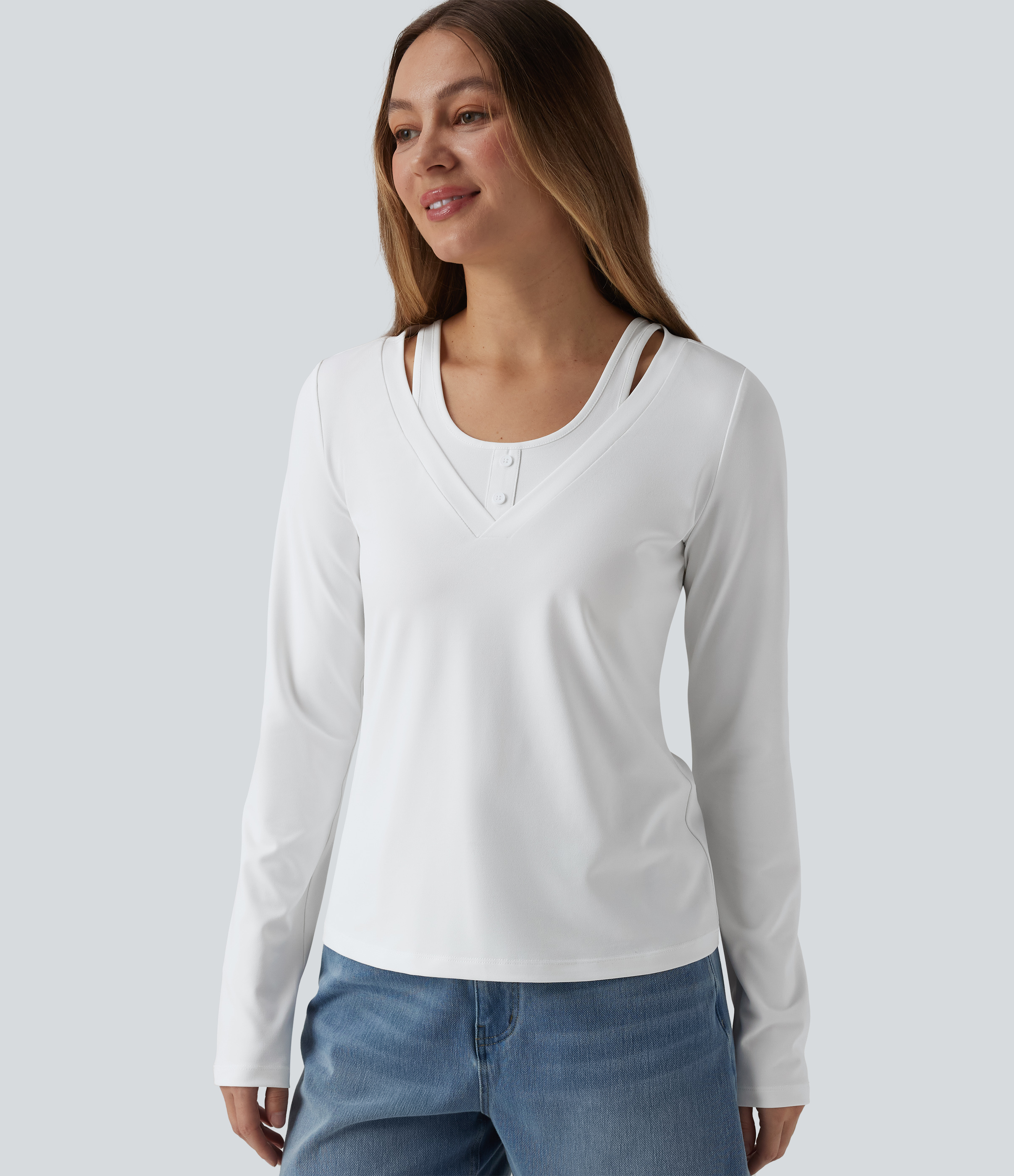 V Neck Long Sleeve 2-in-1 Casual T-Shirt