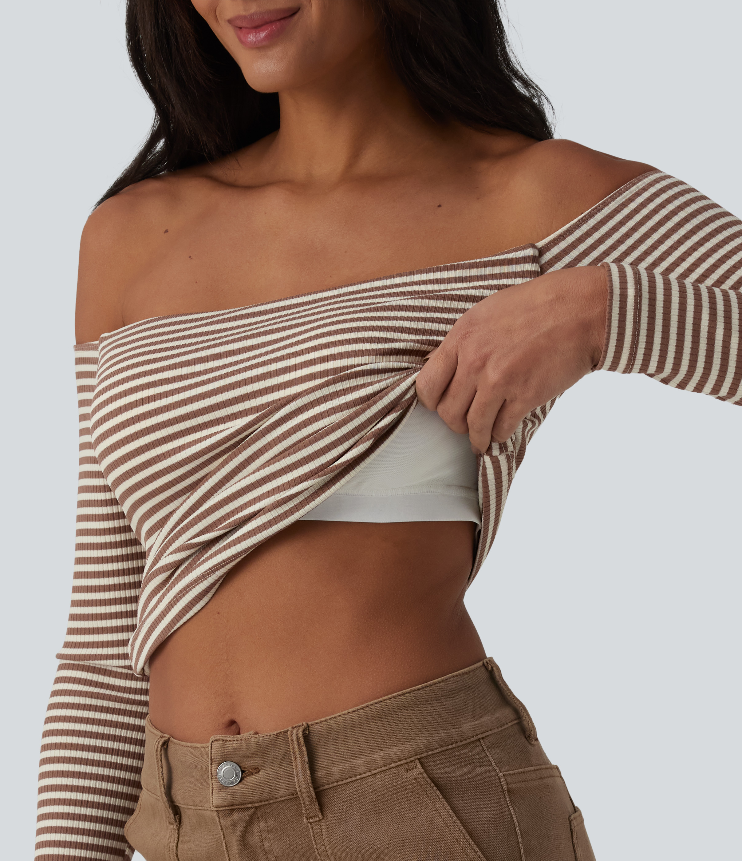 Ribbed Knit Off Shoulder Long Sleeve Stripe Built-in Bra Casual Top