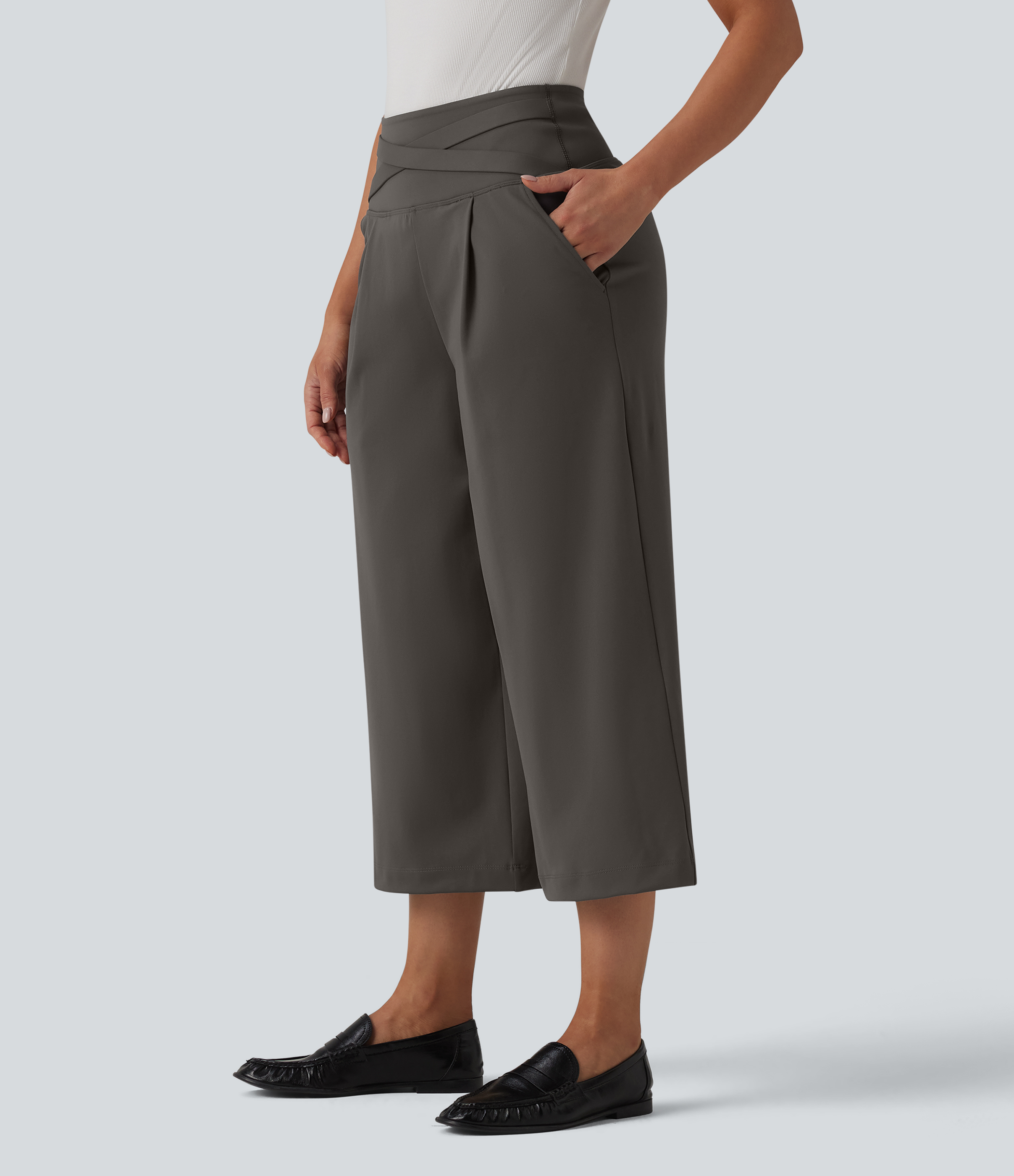 Deep Red Grey Halara Flex™ DayStretch High Waisted Tummy Control Crossover Cropped Wide Leg Work Pants with Pockets / 2