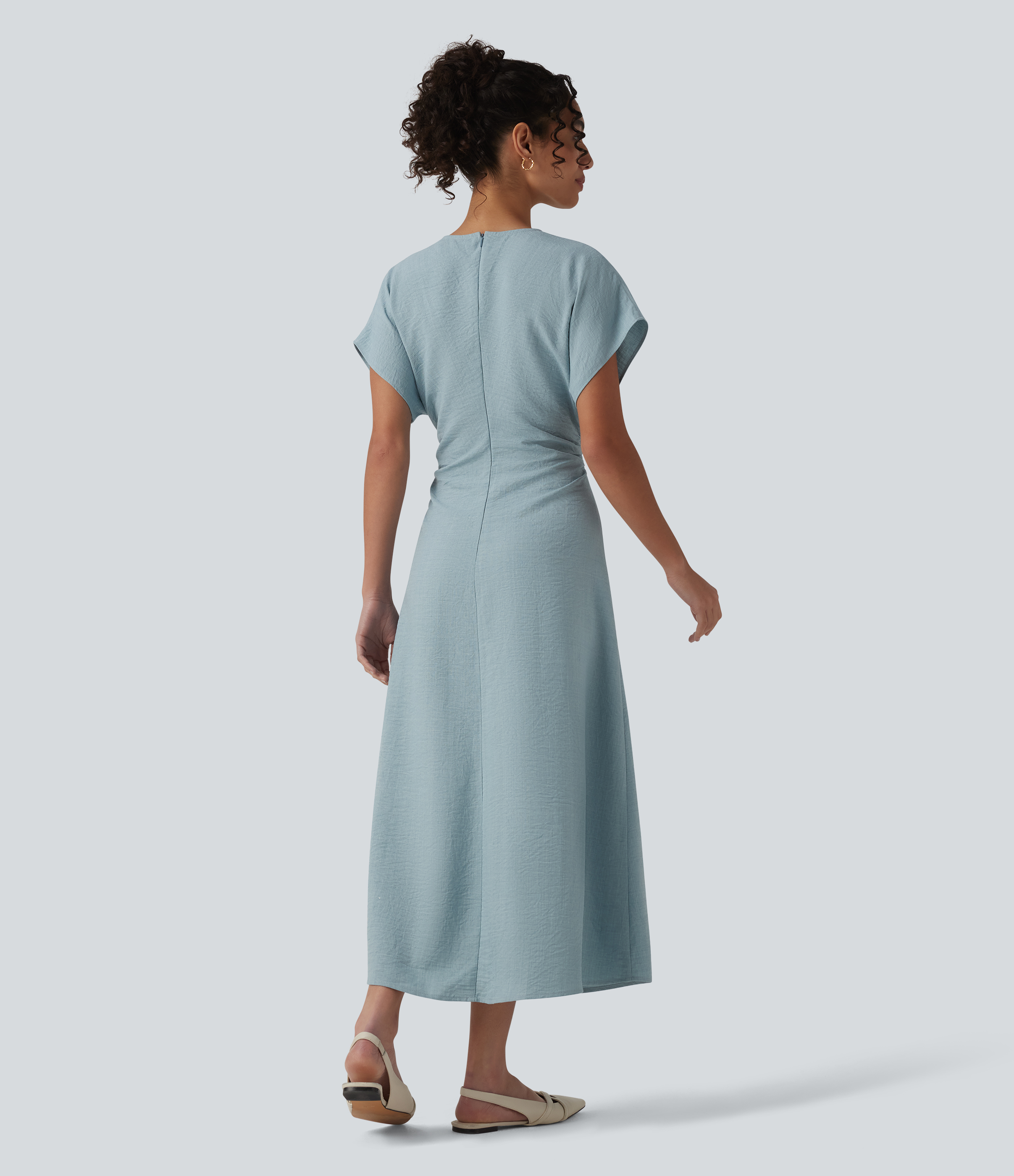 Dusty Cyan Blue Vestido de trabajo maxi de línea A con escote en V, manga corta, cremallera invisible y fruncidos / 2