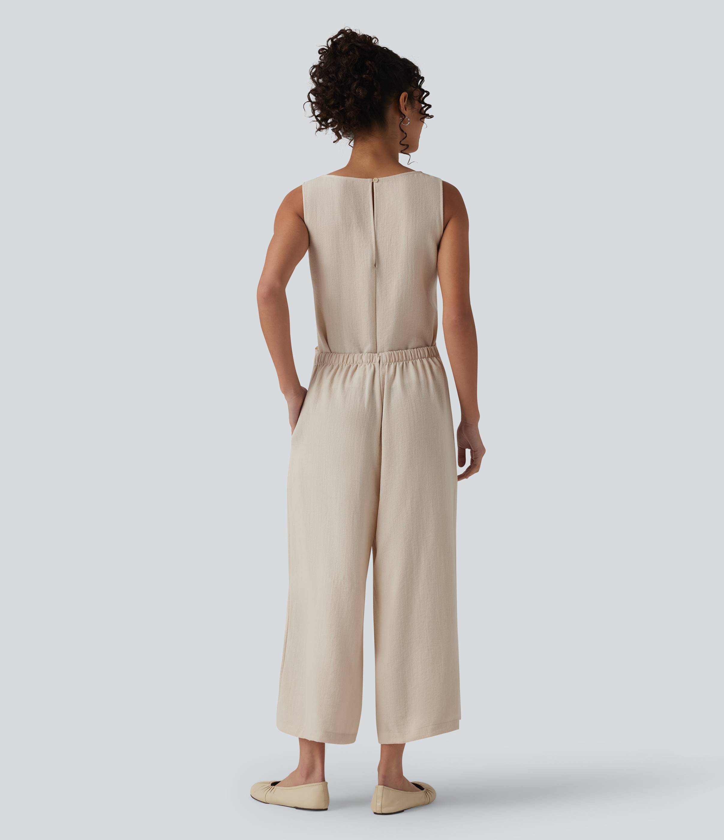 French Oak Scoop Neck Sleeveless Tie-front Casual Linen-Feel Jumpsuit with Pockets-Easy Peezy / 2