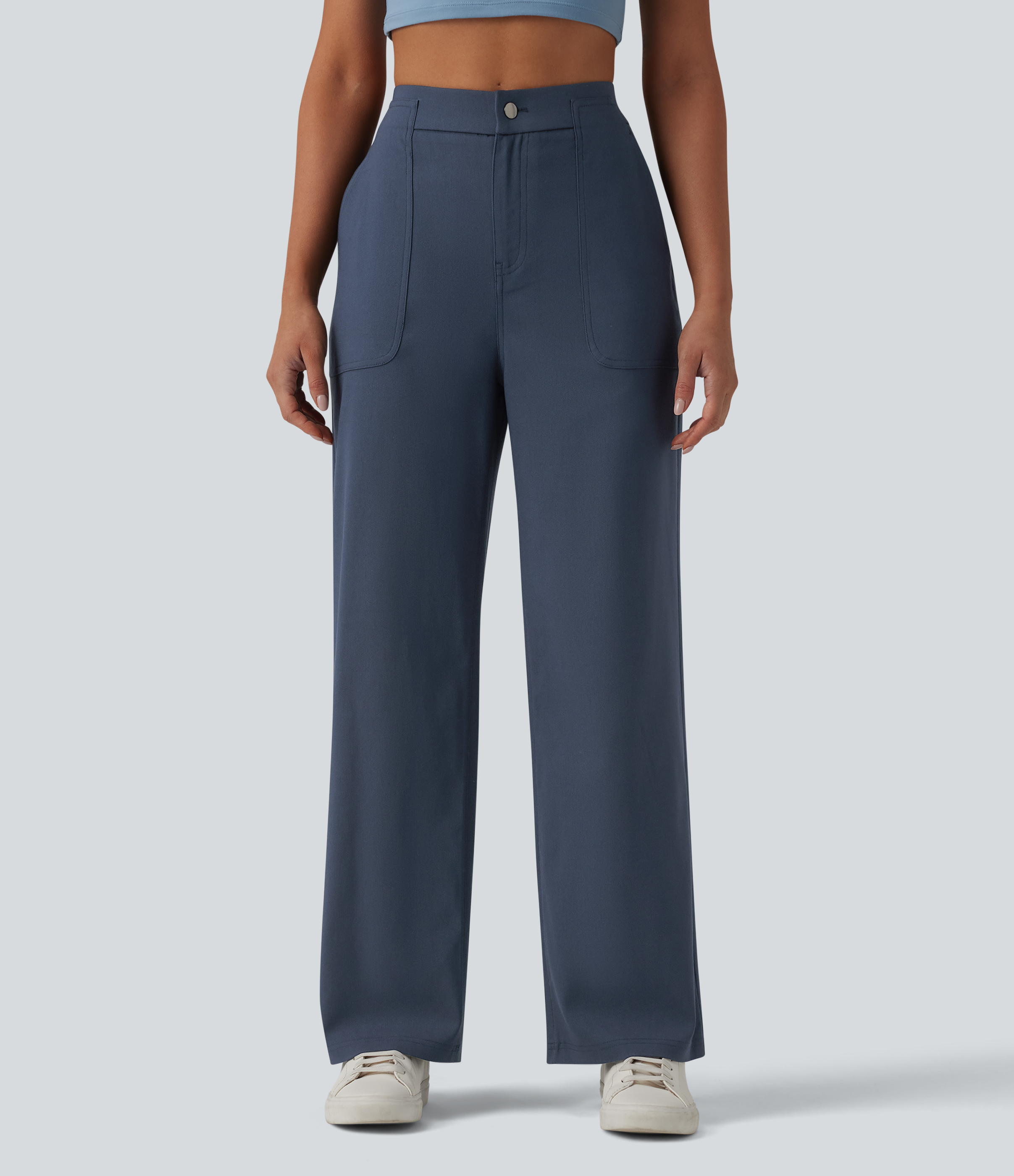 Lässige Hose mit hohem Bund, mehreren Taschen und geradem Bein