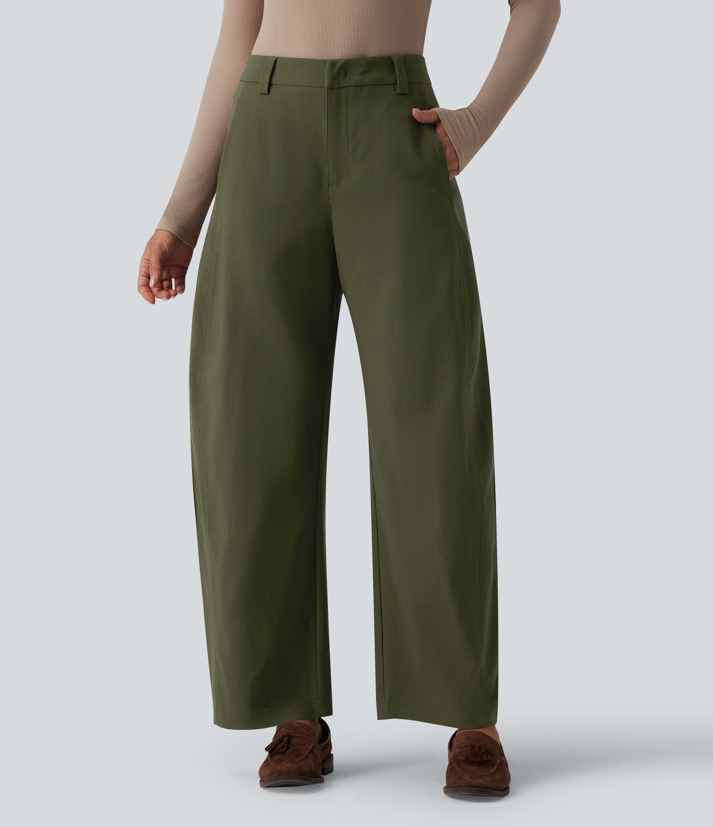 Pantalon de travail taille mi-haute, jambe en forme de tonneau, avec poches