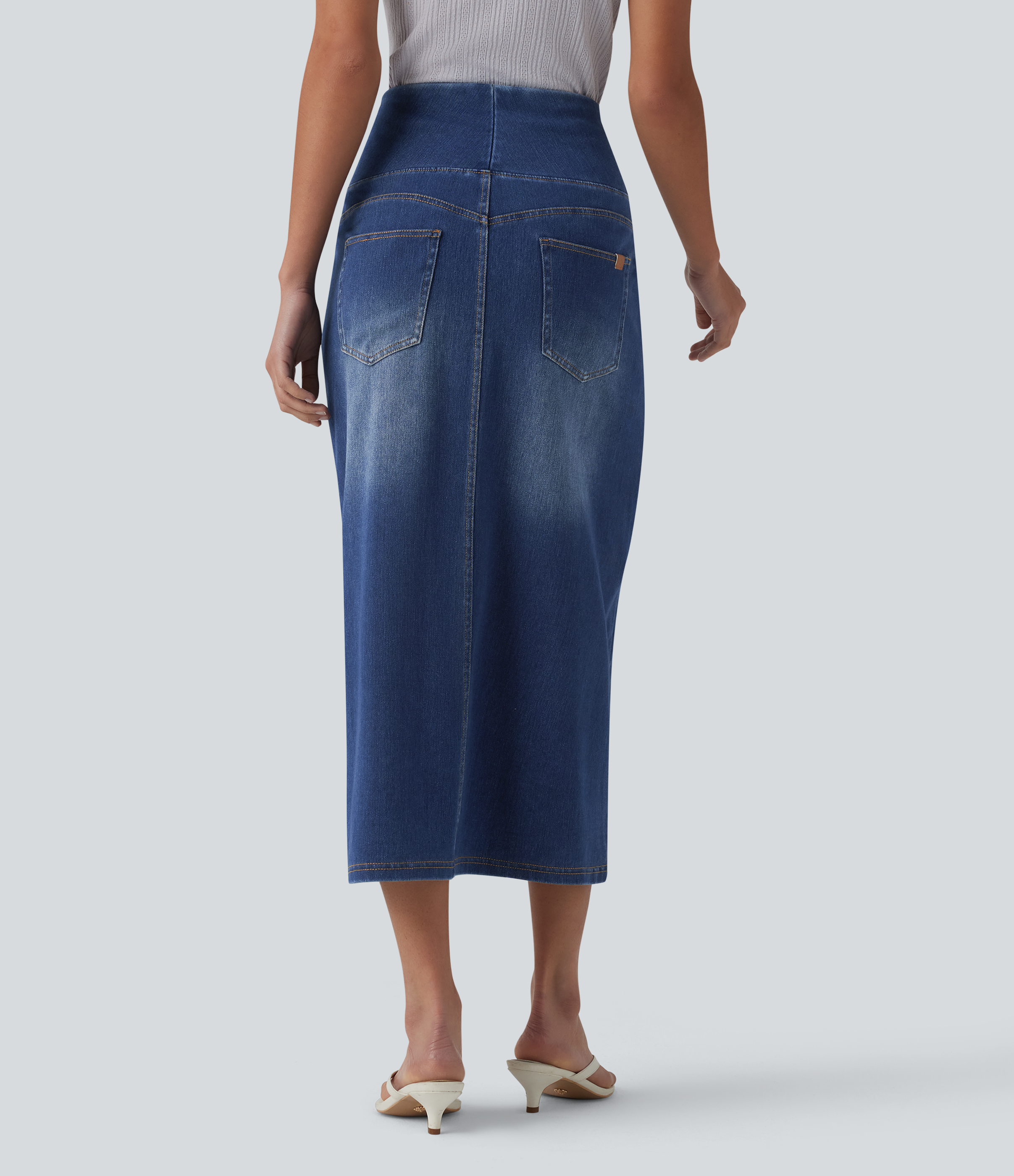 Tide Blue Denim Halara Flex™ High Waisted Tummy Control Denim Midi Casual Skirt with Pockets / 2