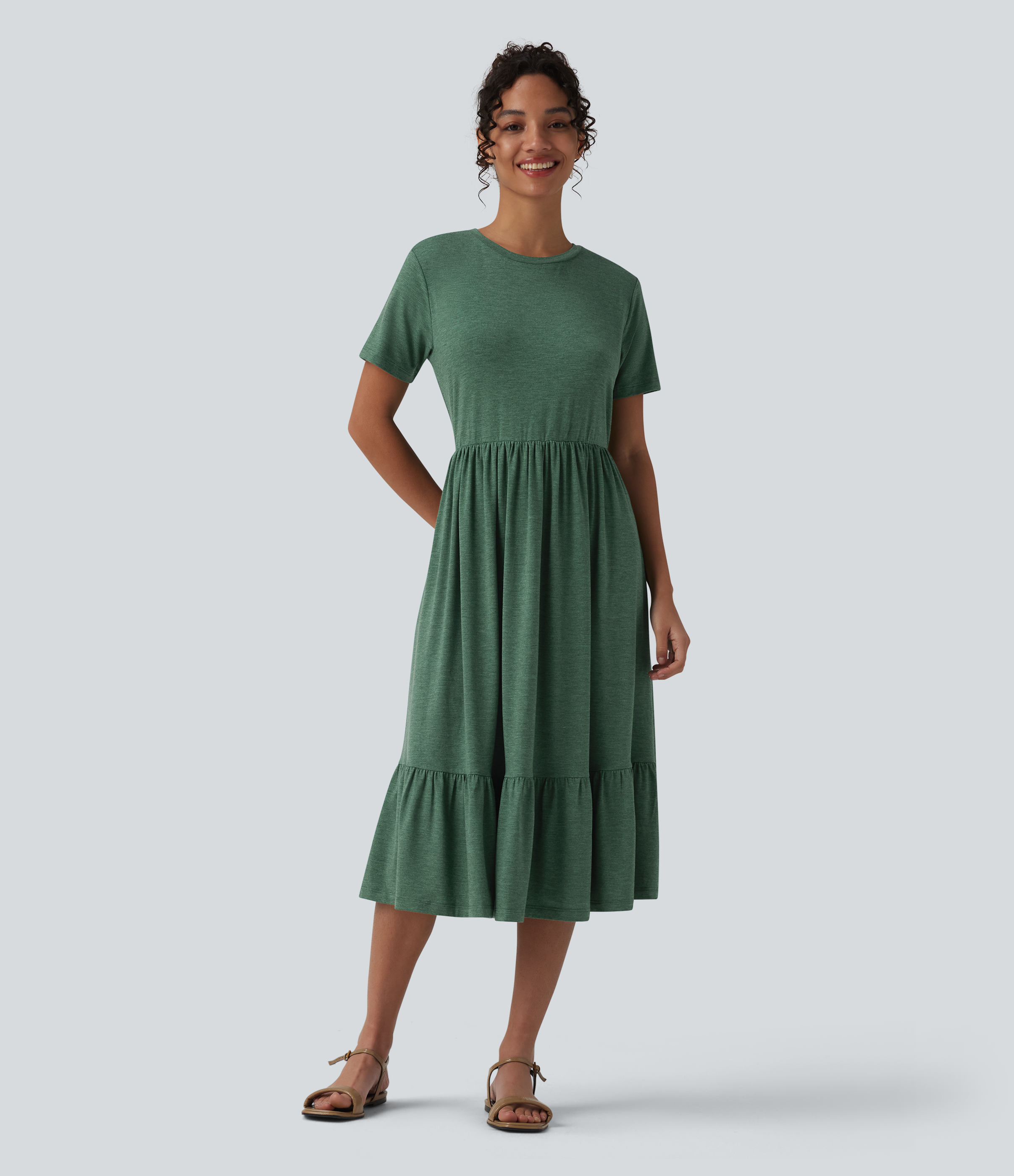 Round Neck Short Sleeve Heathered Midi Casual Dress with Pockets