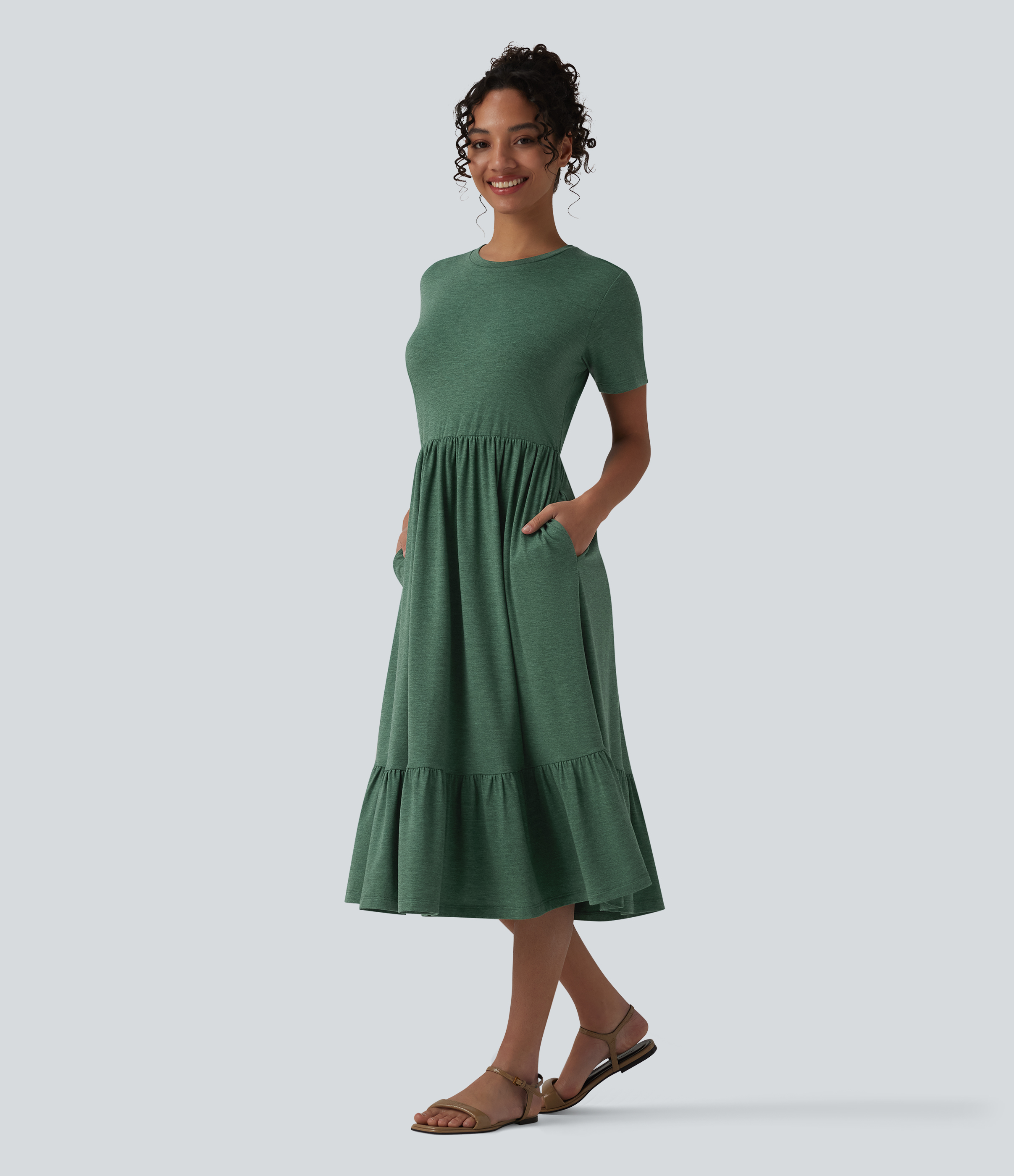 Round Neck Short Sleeve Heathered Midi Casual Dress with Pockets