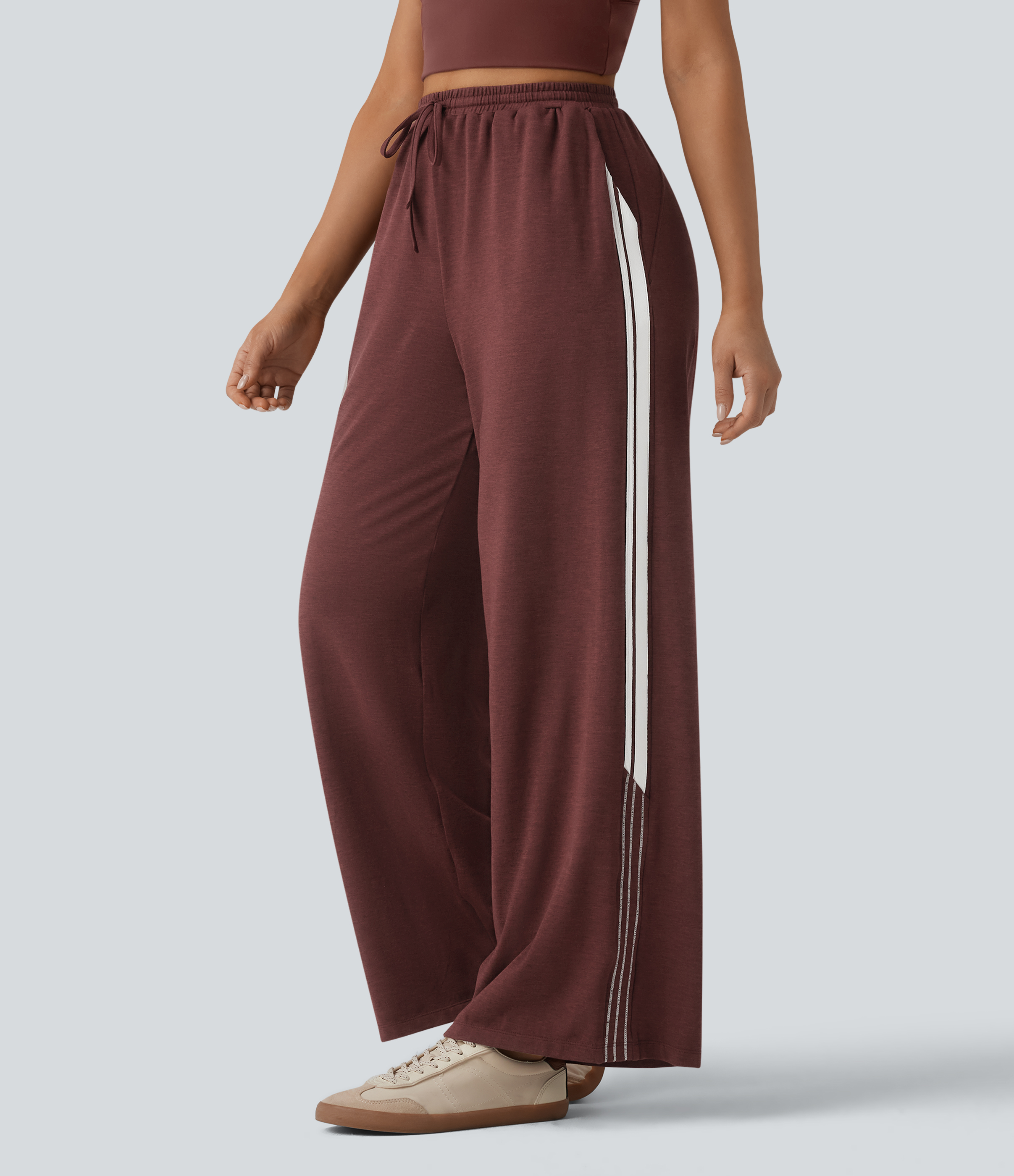 High Waisted Drawstring Color Block Stripes Casual Baggy Pants with Pockets