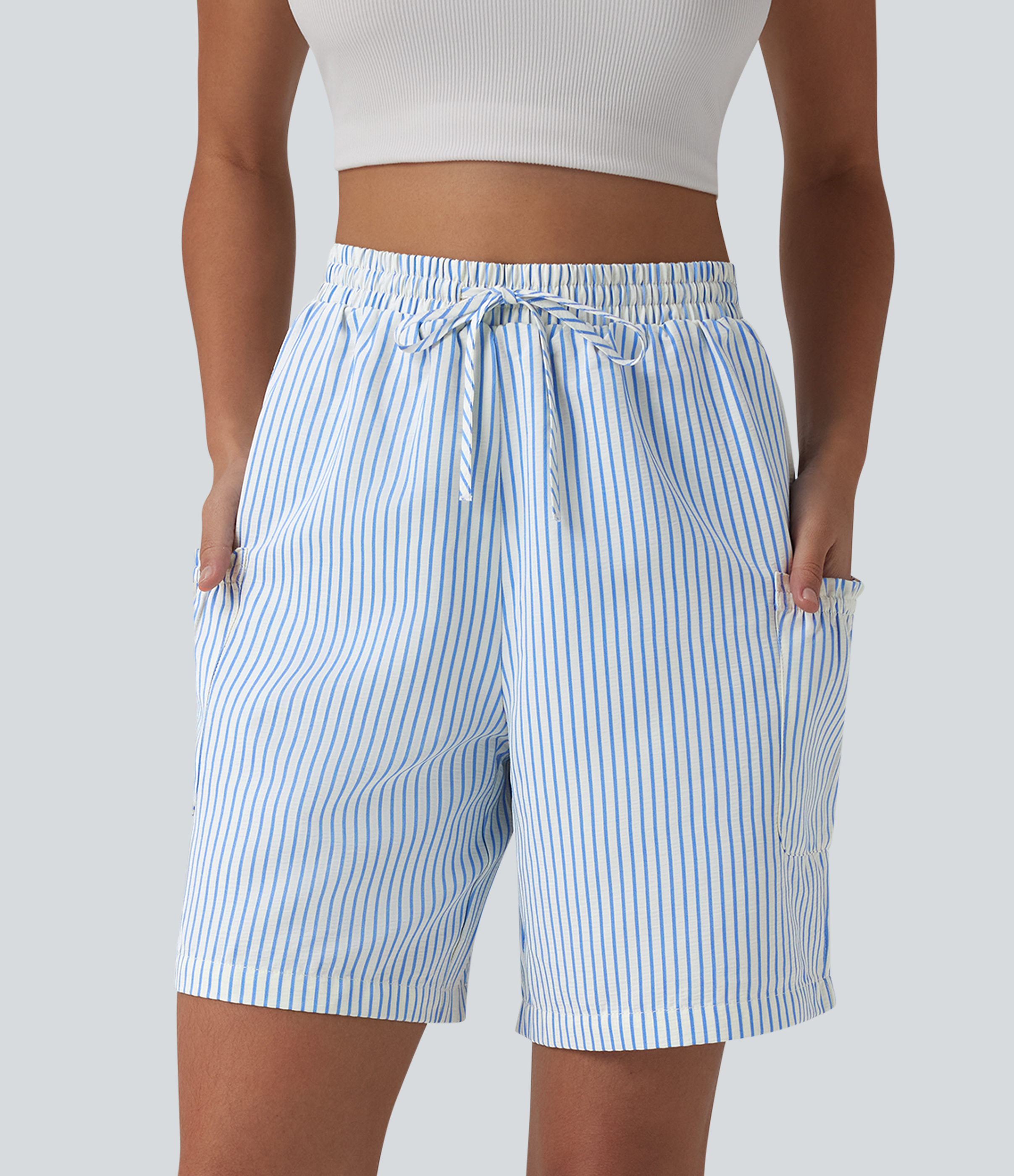 High Waisted Drawstring Stripes Resort Baggy Shorts with Pockets