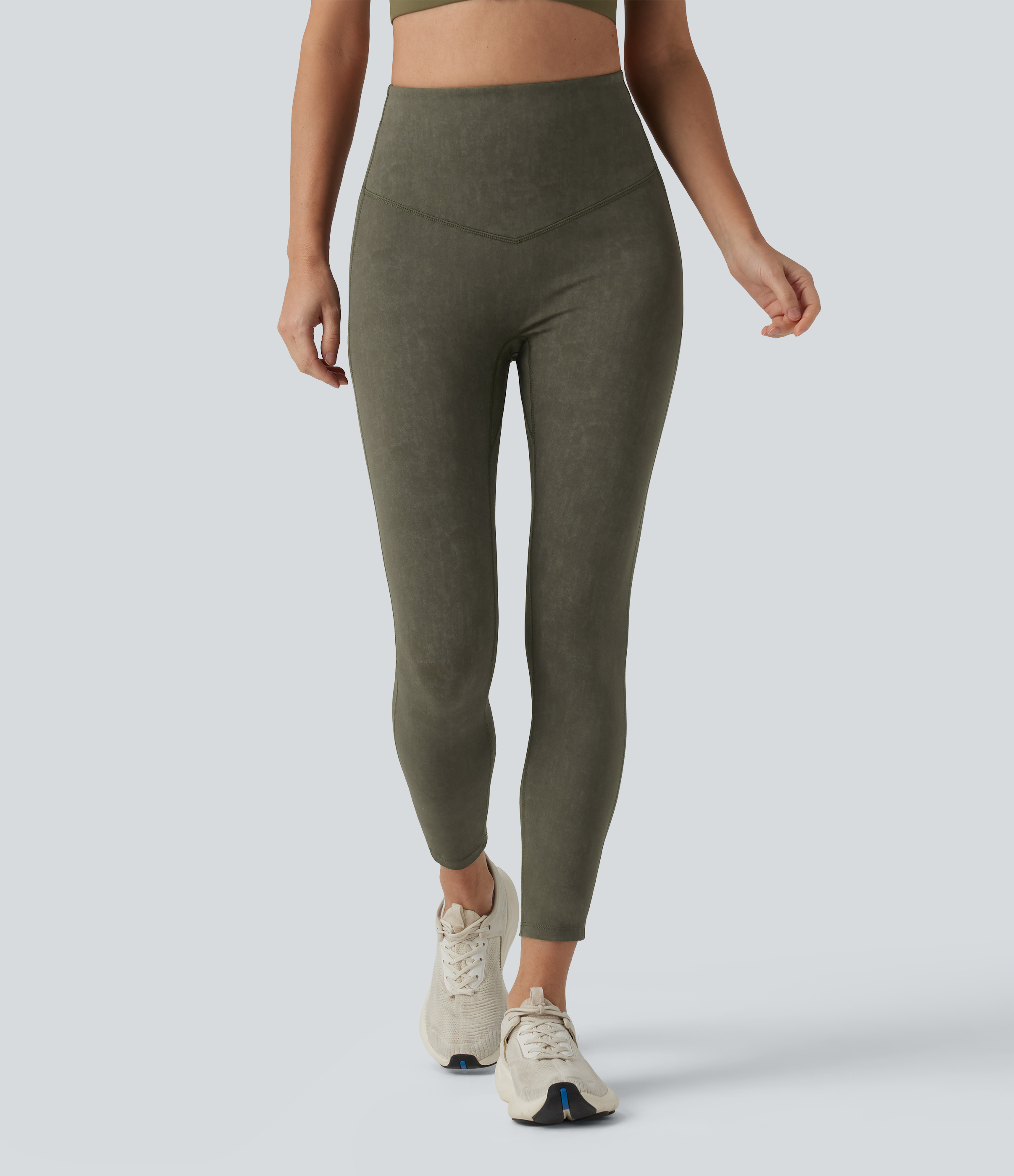 Deep Tea Green Legging de sport délavé effet ventre plat taille haute avec poches / 2