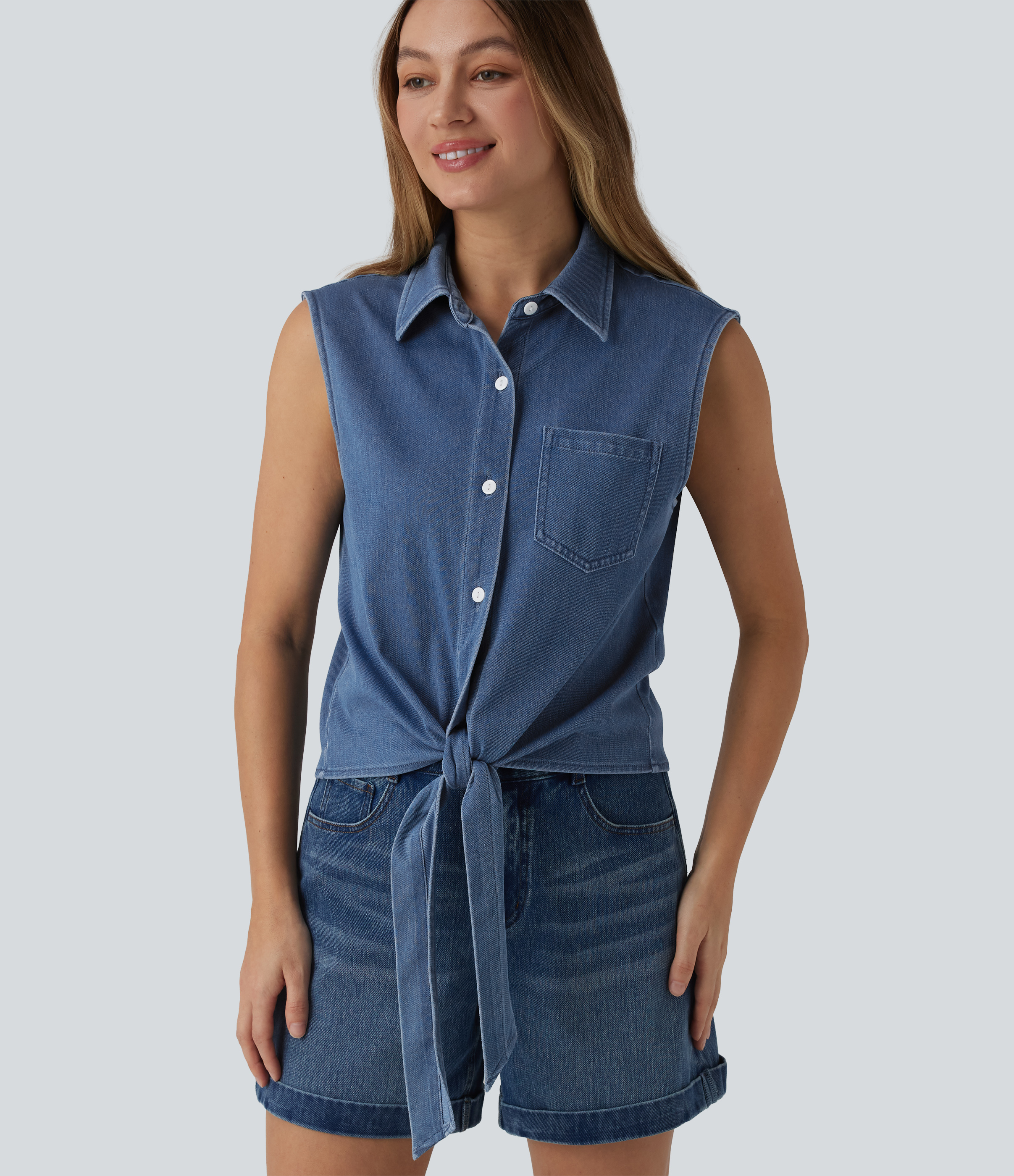 Halara Flex™ Chemise décontractée en denim sans manches à nouer sur le devant avec poche