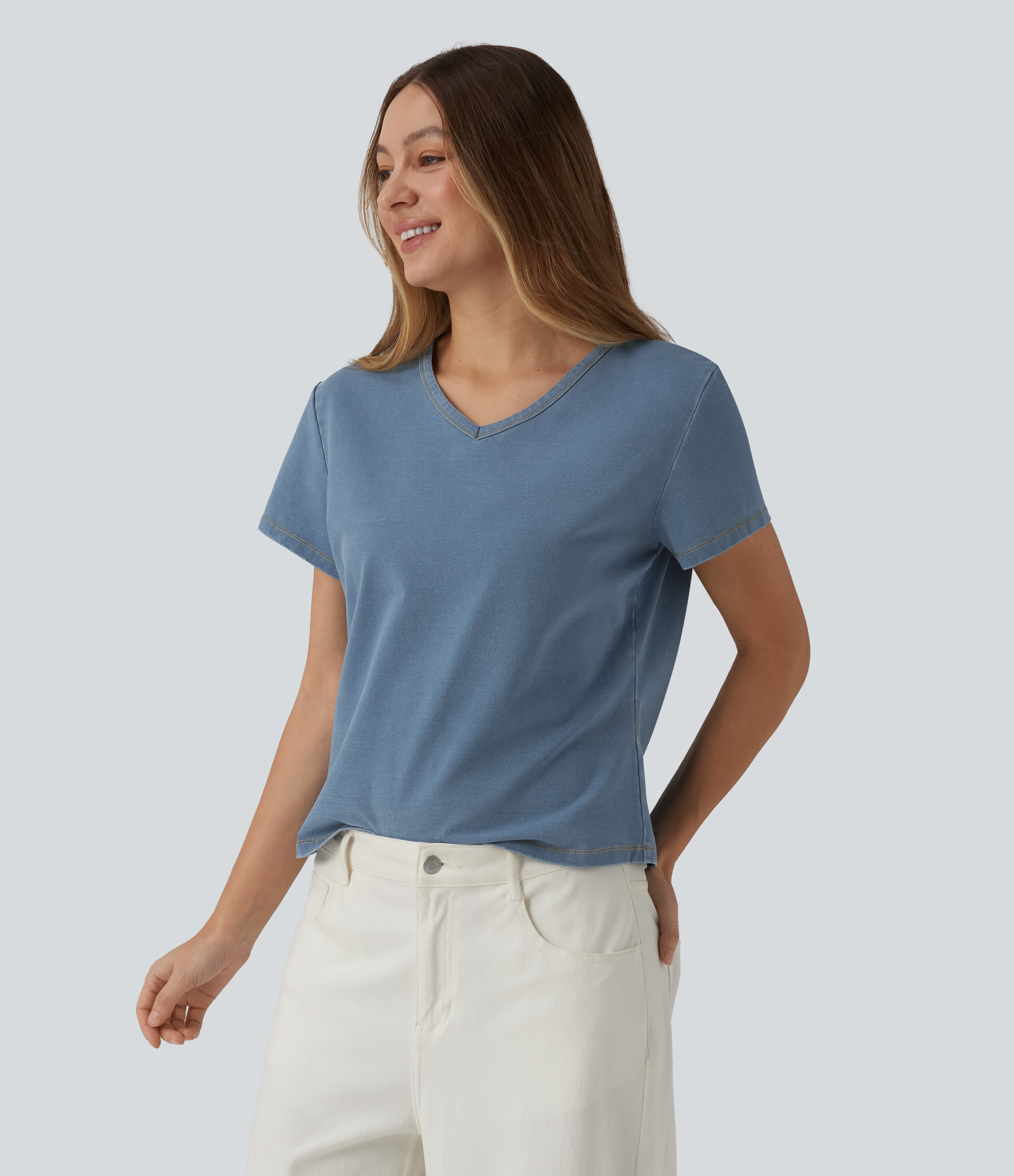 Halara Flex™ T-shirt en denim col V manches courtes