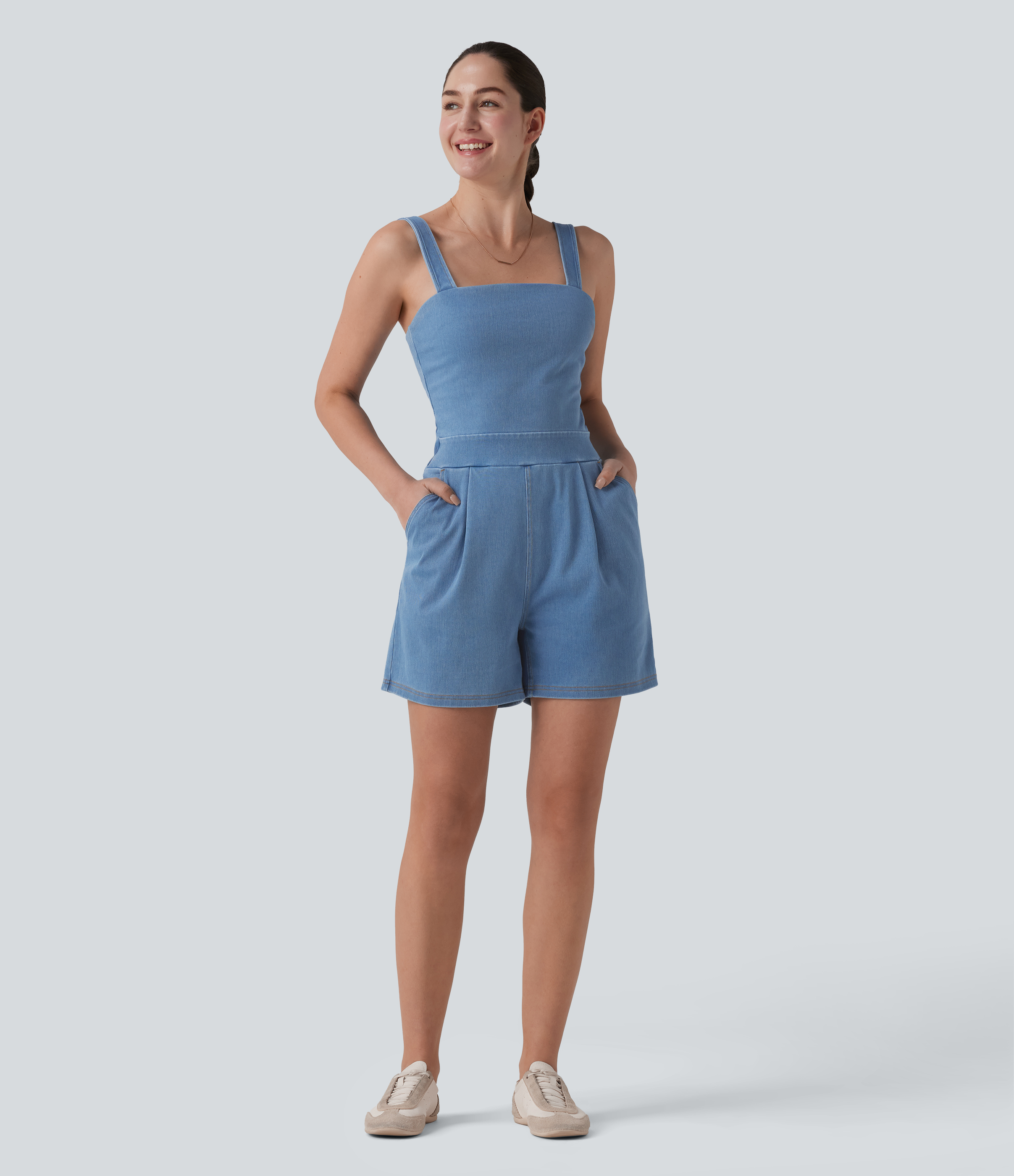 はる部屋 Women's Halara Flex™ Denim Square Neck Sleeveless Casual Romper