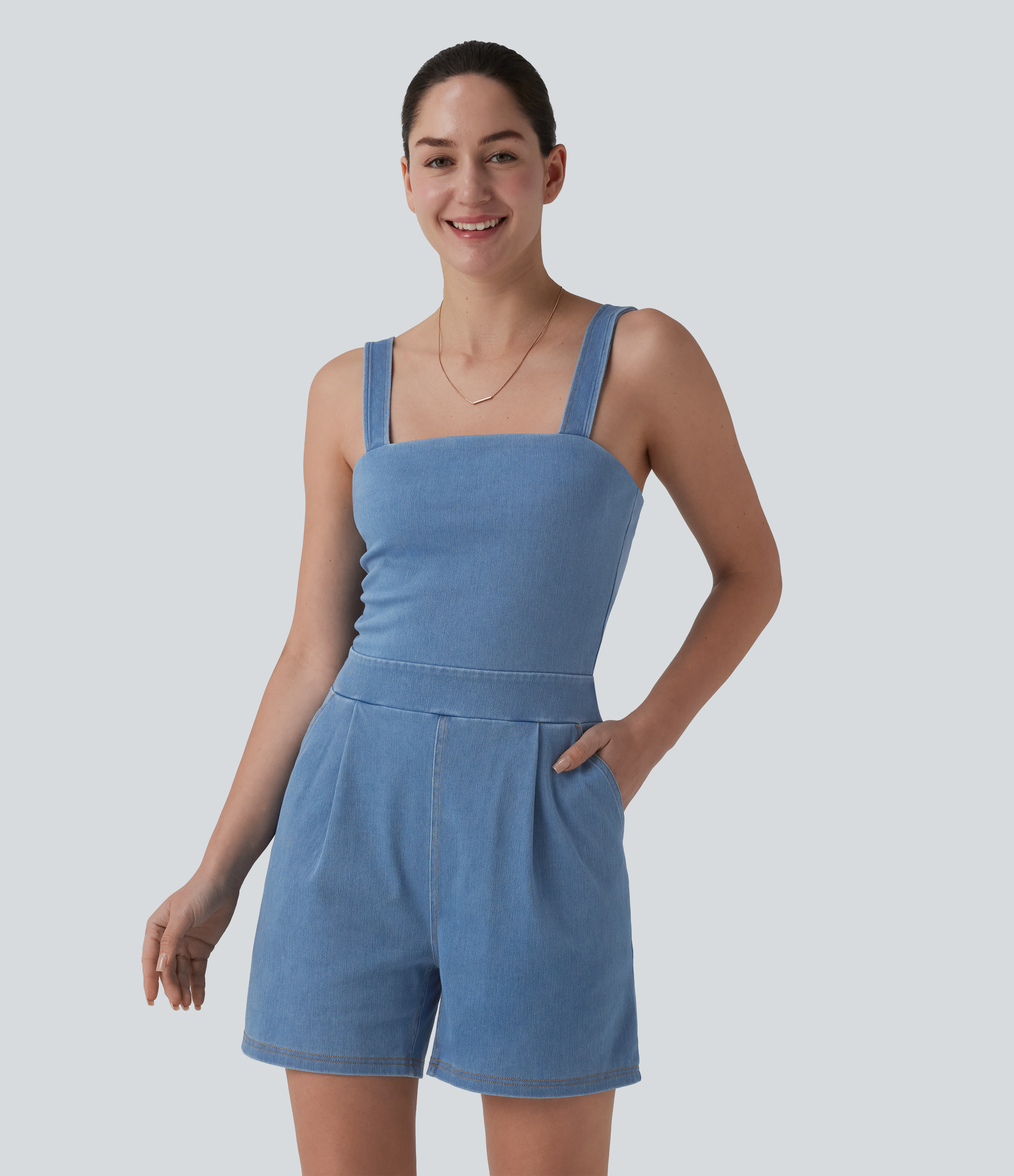 Halara Flex™ Denim Square Neck Sleeveless Casual Romper with Pockets-Easy Peezy
