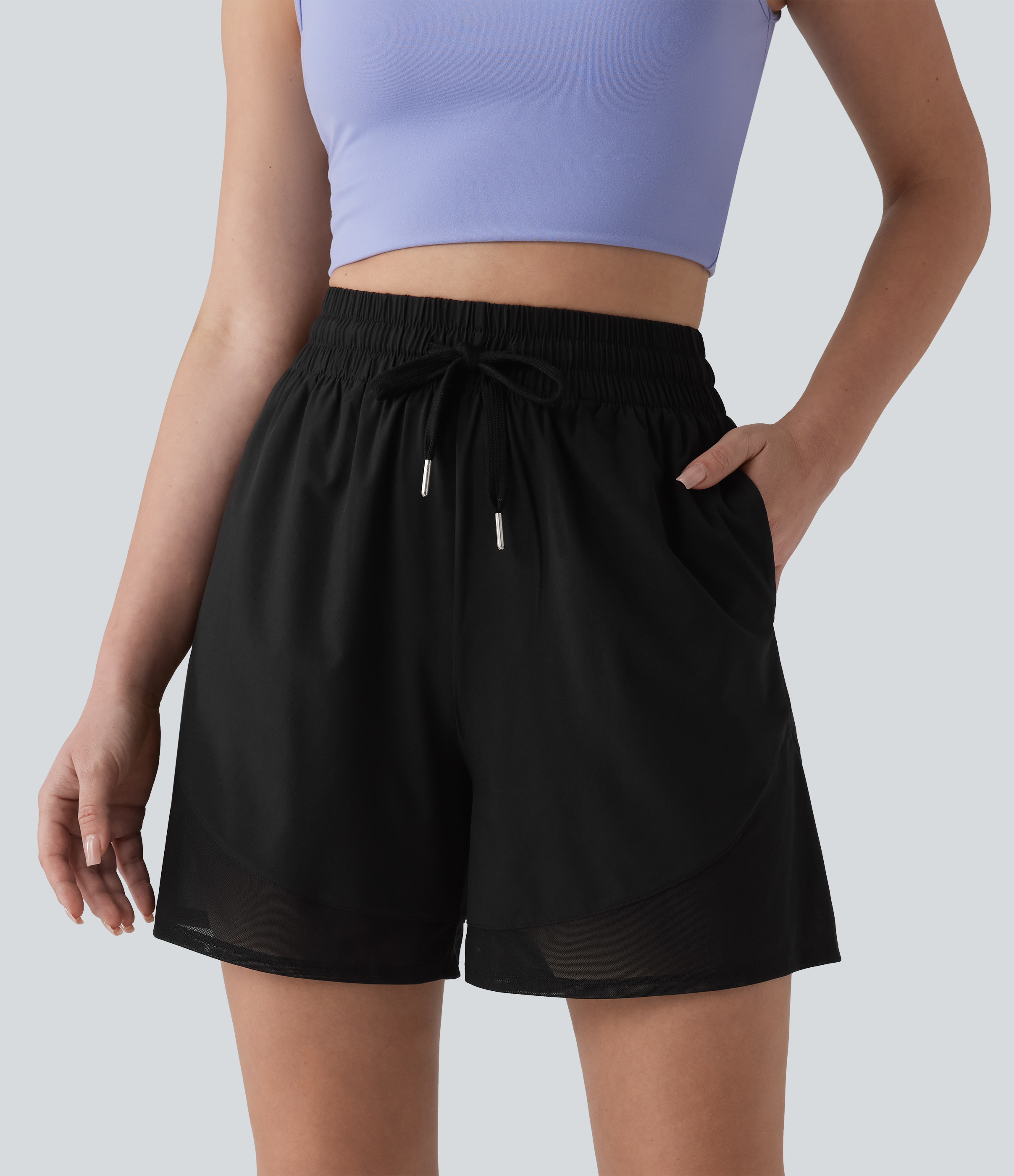 Breezeful™ High Waisted Drawstring Contrast Mesh Quick Dry Yoga Baggy Shorts 5'' with Pockets