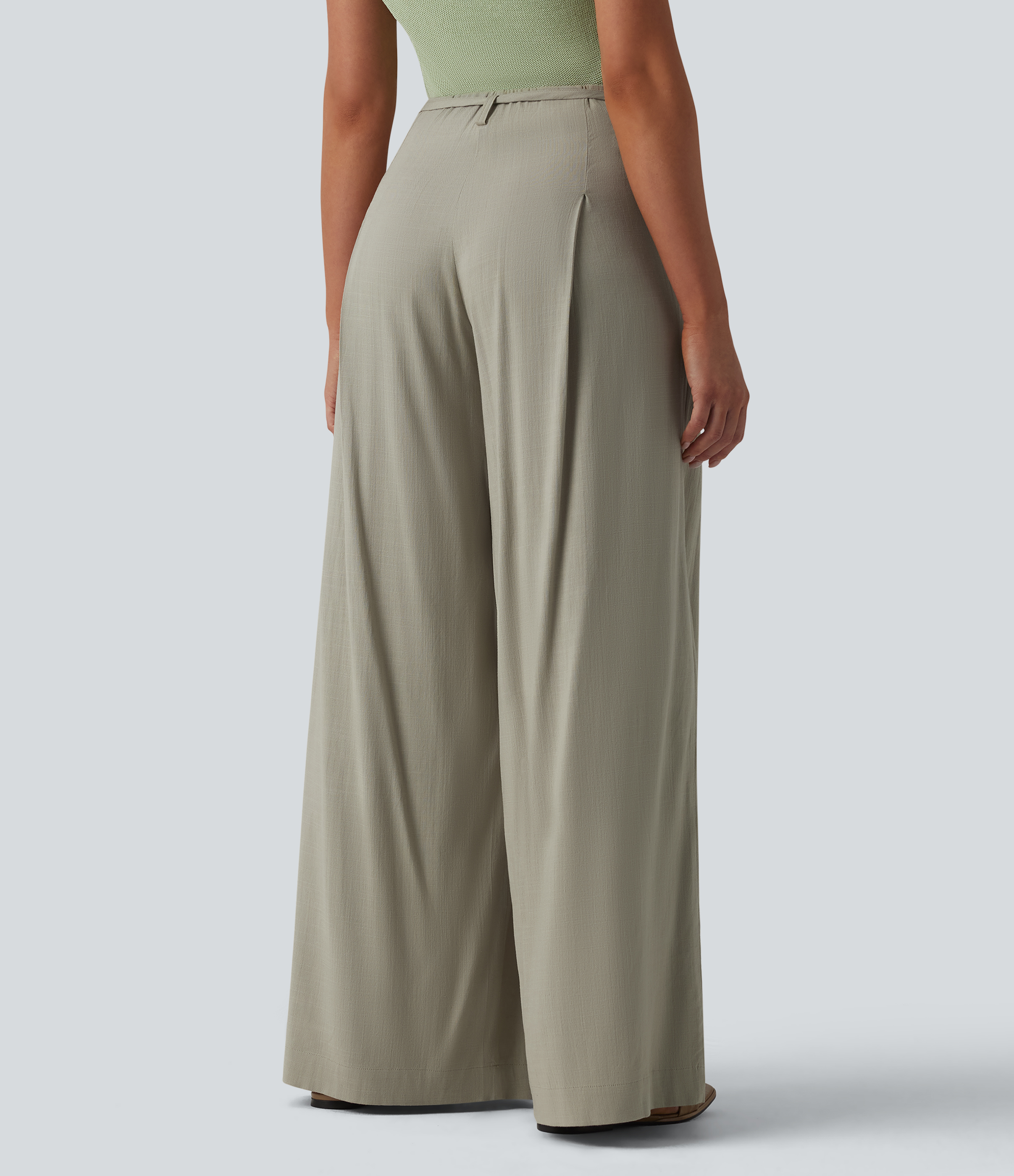 Abbey Stone Pantalon large fluide taille mi-haute aspect lin avec ceinture et poches / 2