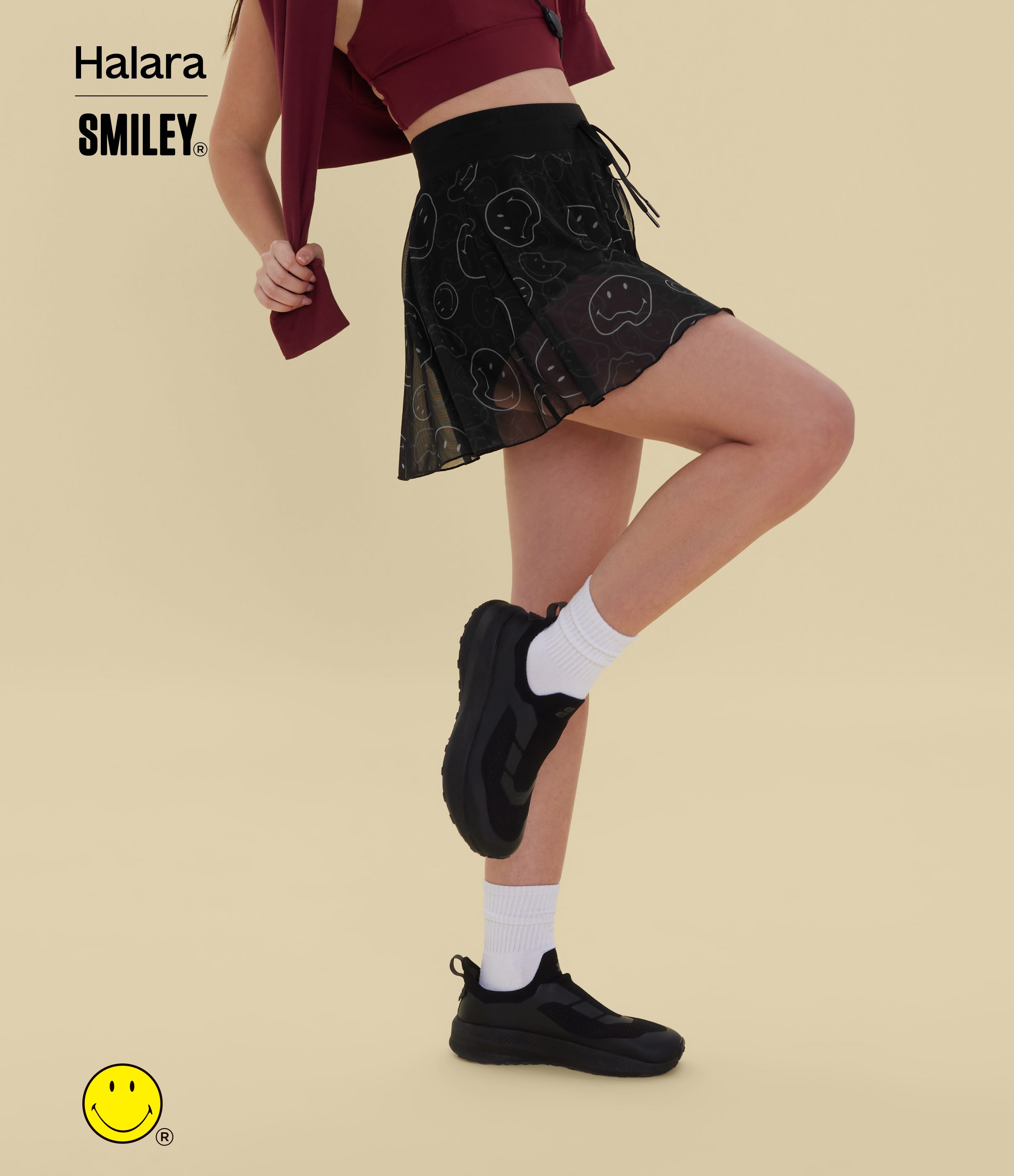 Clouded Smiles Halara X Smiley® High Waisted Drawstring Contrast Mesh 2-in-1 Flowy Mini Flare Dance Skirt with Pockets / 2