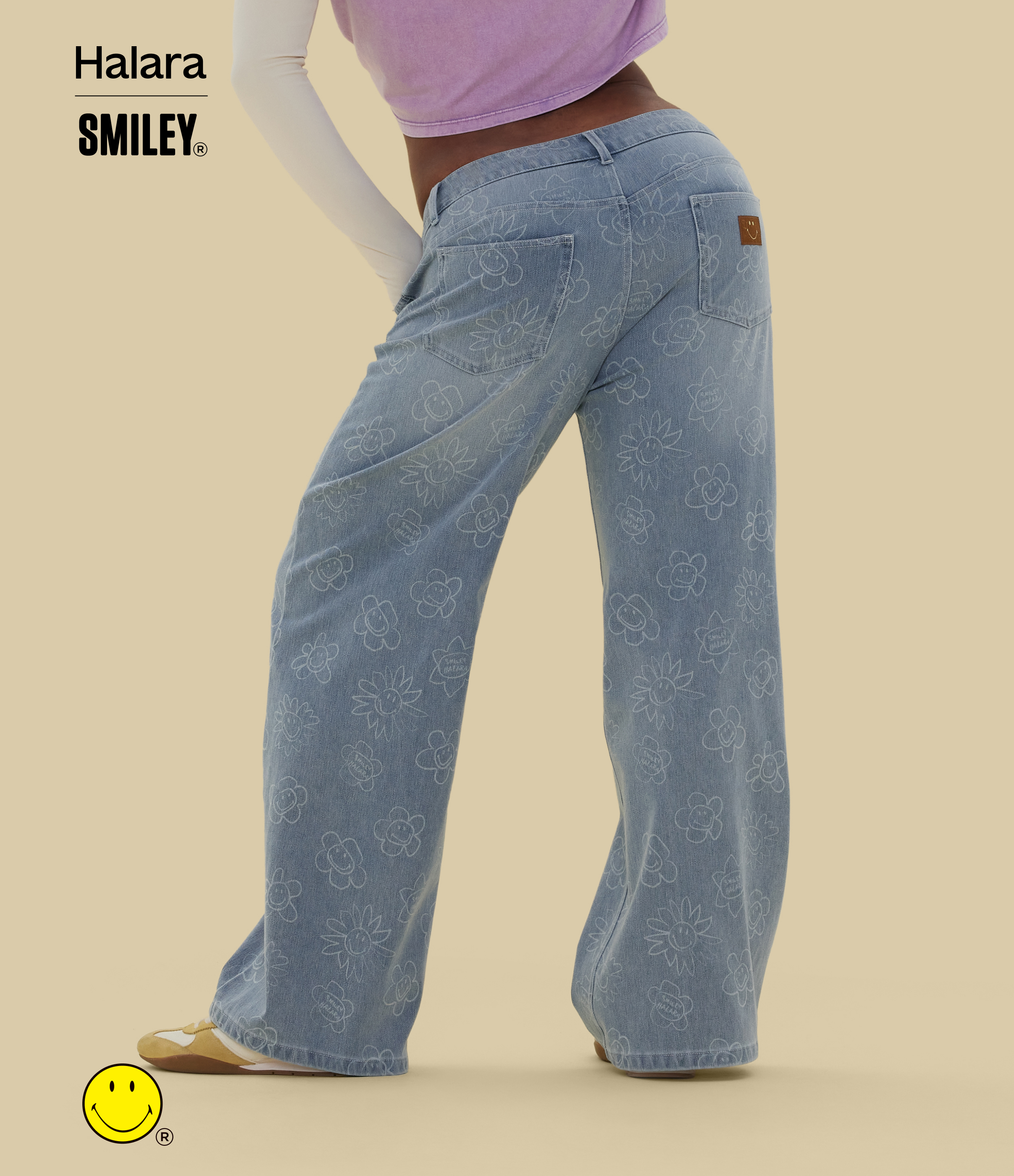 Smiley Flower - Extra Light Blue Halara X Smiley Halara Flex™ jeans décontractés lavés, taille basse asymétrique, coupe baggy à jambes larges, avec poches / 2