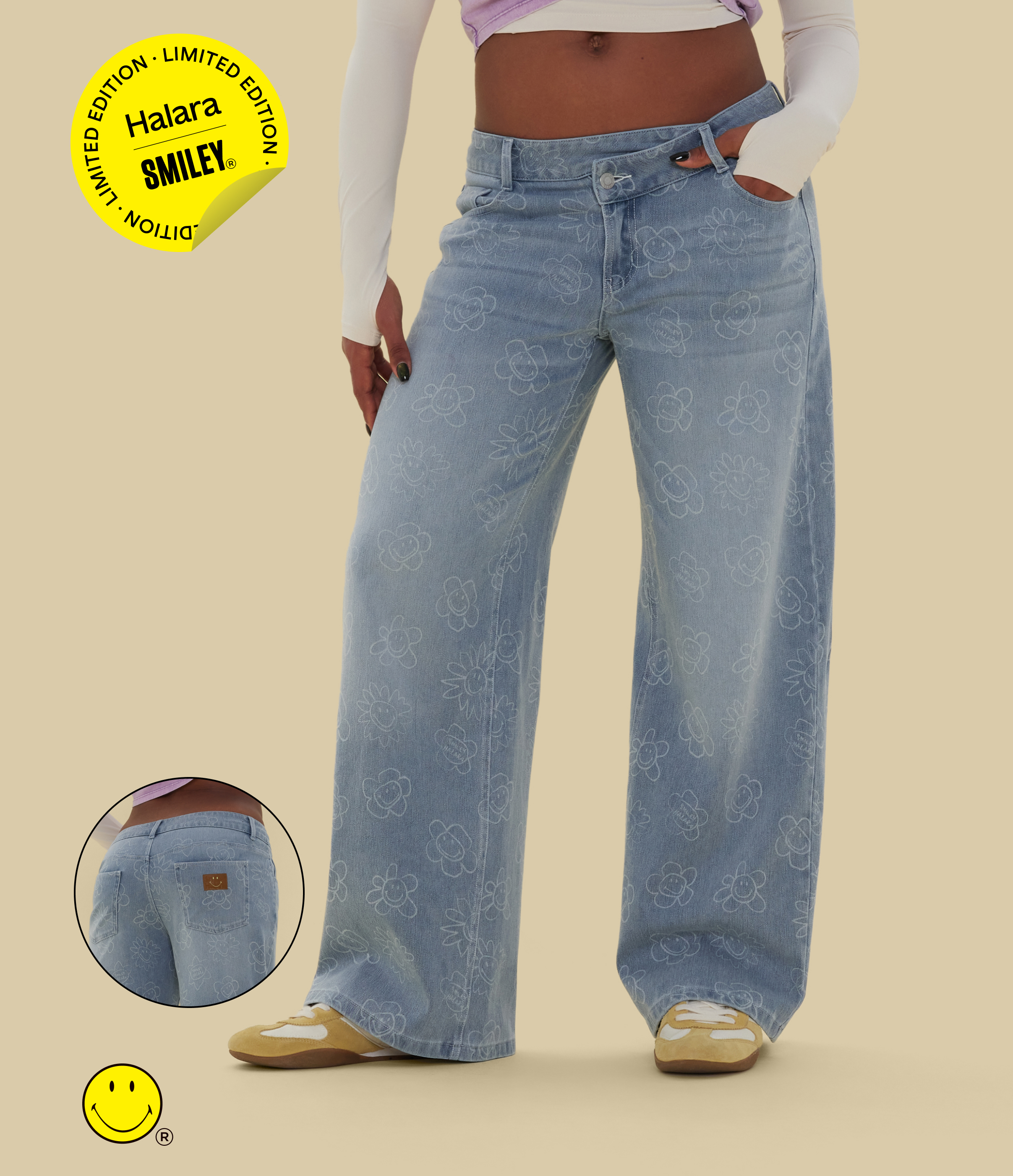 Halara X Smiley® Halara Flex™ Asymmetric Low Rise Baggy Wide Leg Washed Casual Jeans with Pockets