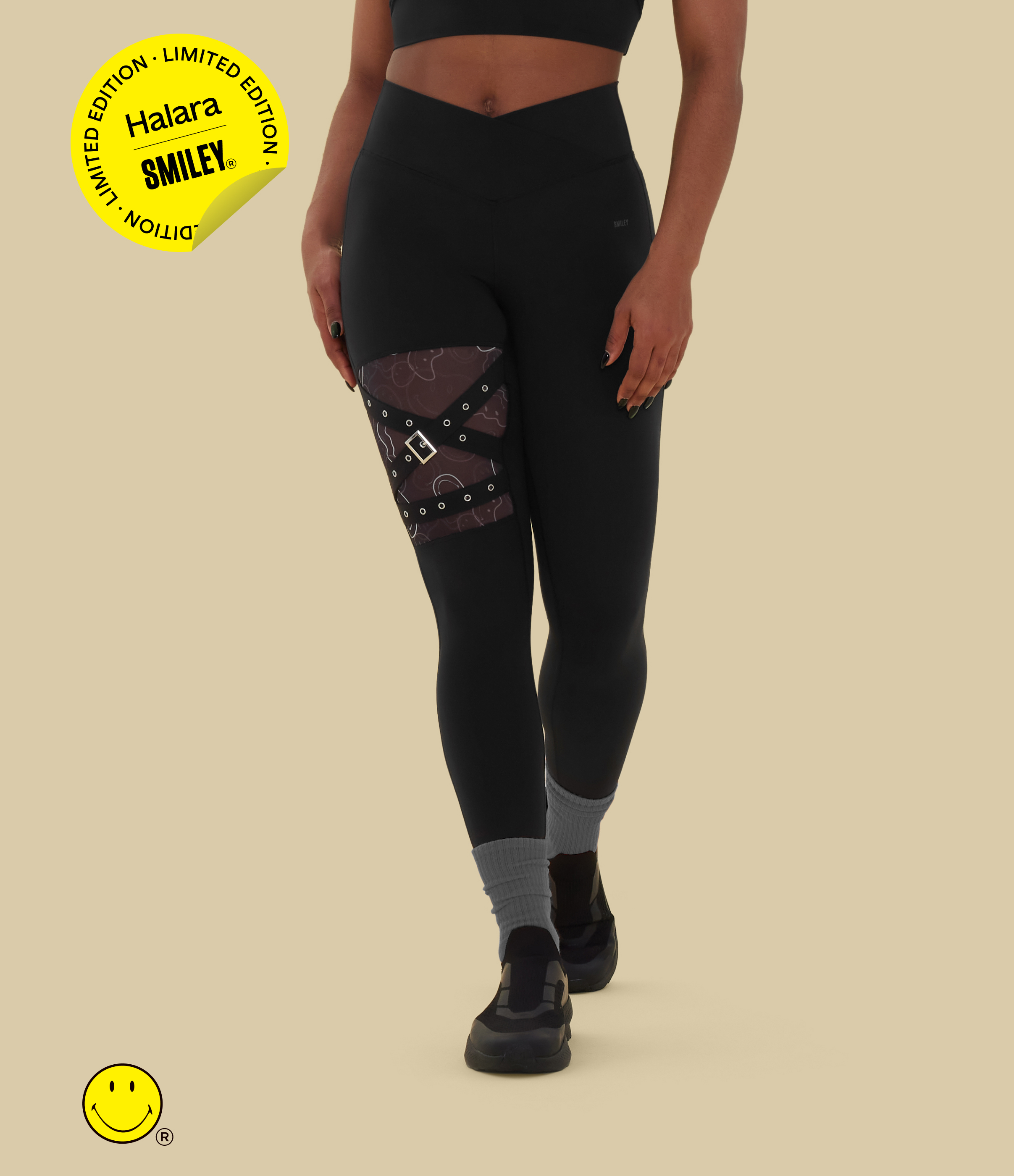 Halara X Smiley® Halara UltraSculpt™ High Waisted Crossover Contrast Mesh Decorative Buckle Yoga Leggings