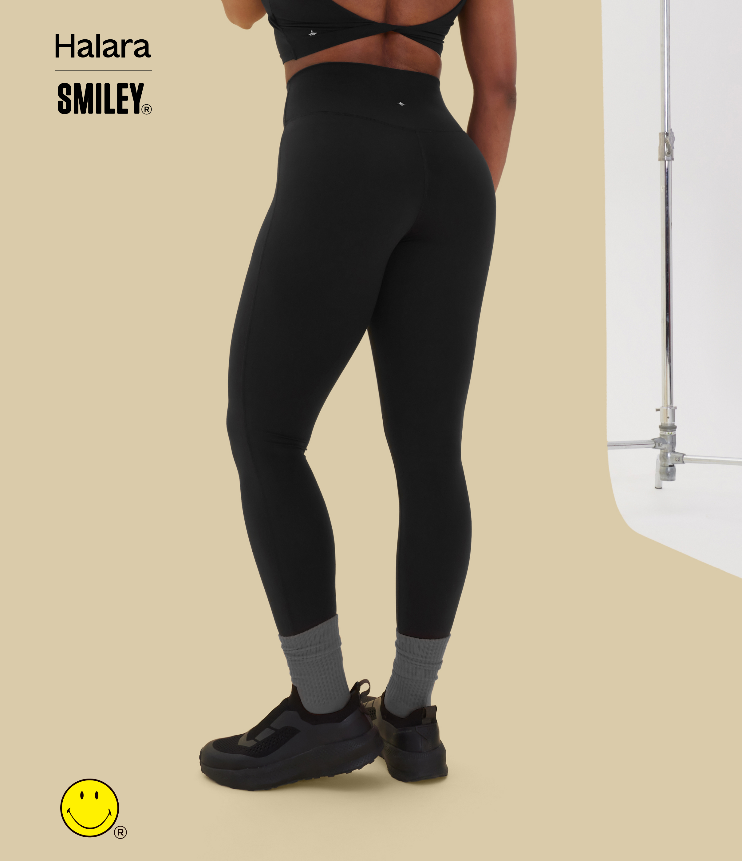 Black Halara X Smiley® Halara UltraSculpt™ High Waisted Crossover Contrast Mesh Decorative Buckle Yoga Leggings / 2