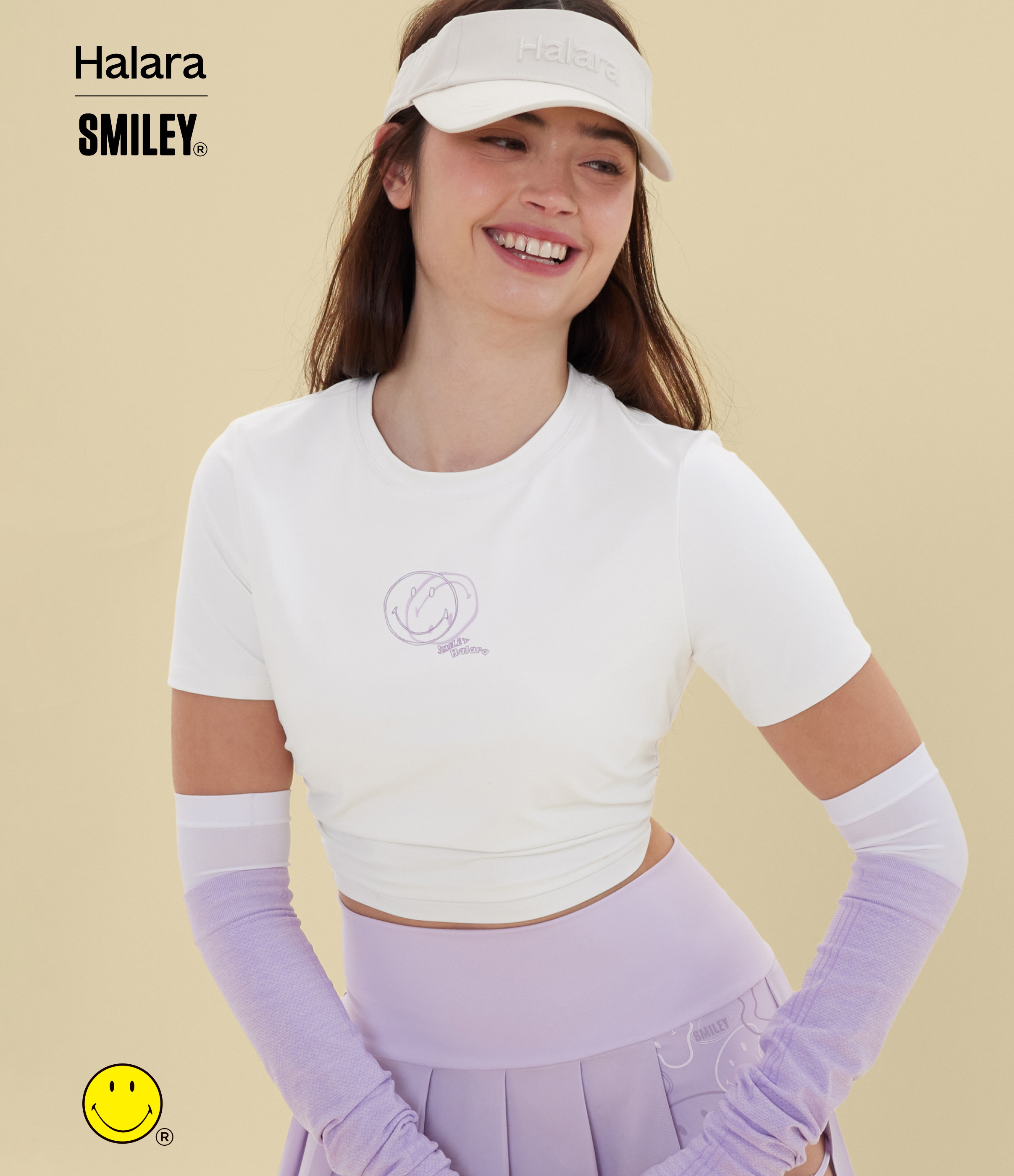 White Halara X Smiley® Halara UltraSculpt™ Crew Neck Short Sleeve Ruched Skinny Cropped Casual T-Shirt / 2