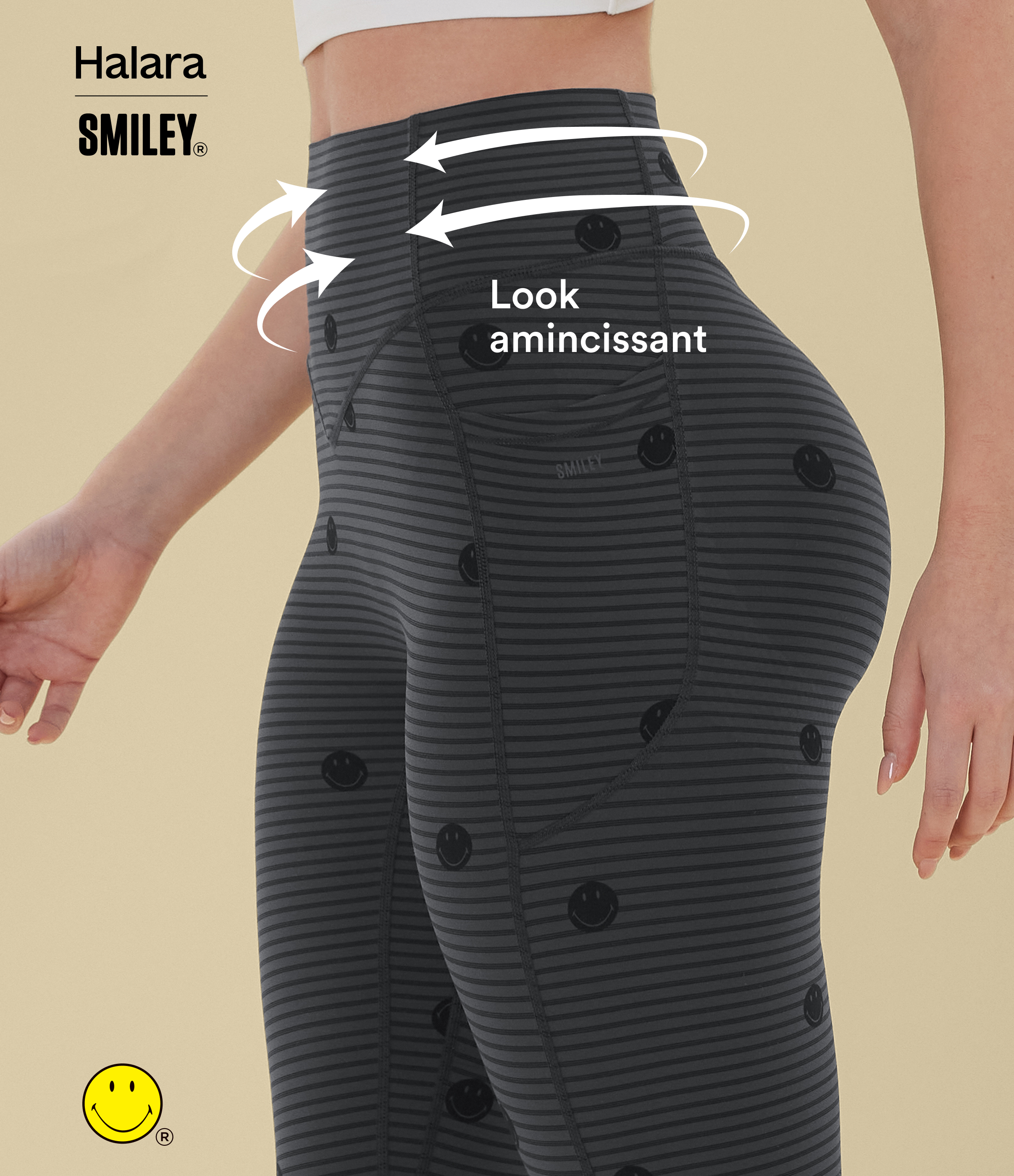 Soft Shadow Stripe Legging de training Halara X Smiley® Halara UltraSculpt™ imprimé rayures taille haute push-up froncé ventre plat avec poches / 2