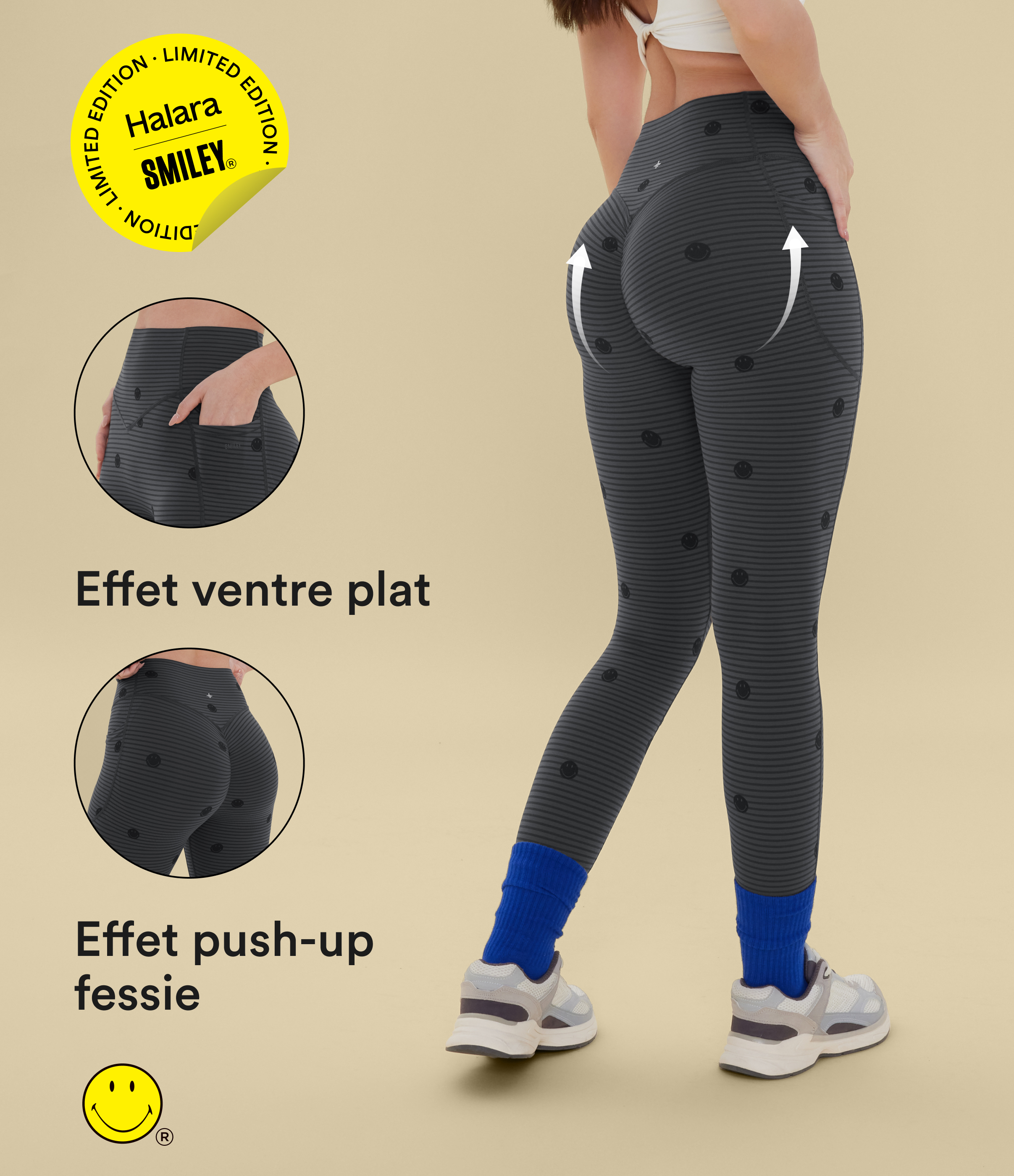 Legging de training Halara X Smiley® Halara UltraSculpt™ imprimé rayures taille haute push-up froncé ventre plat avec poches