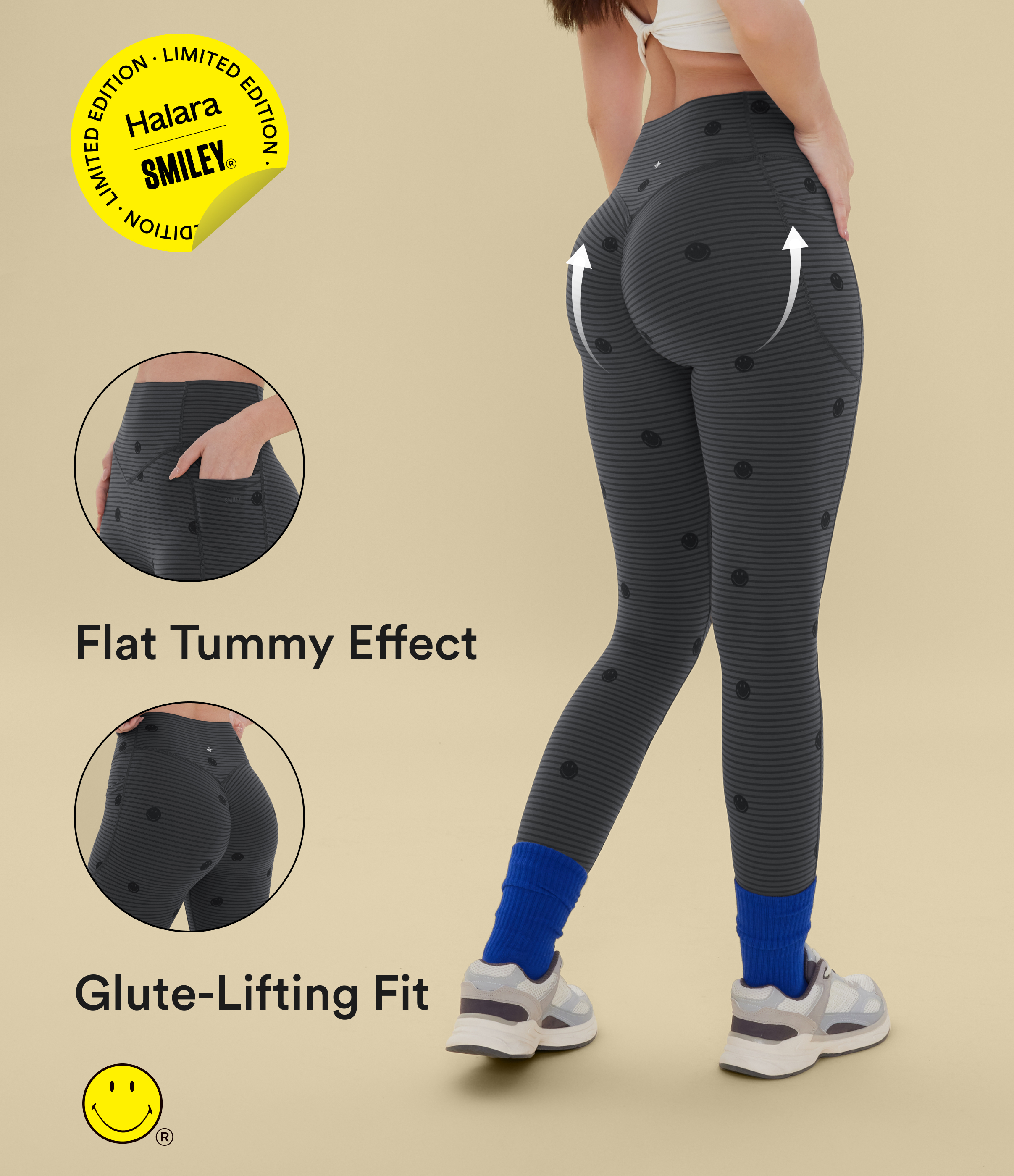 Halara X Smiley® Halara UltraSculpt™ Stripe Print High Waisted Scrunch Butt Lifting Tummy Control Training Leggings with Pockets