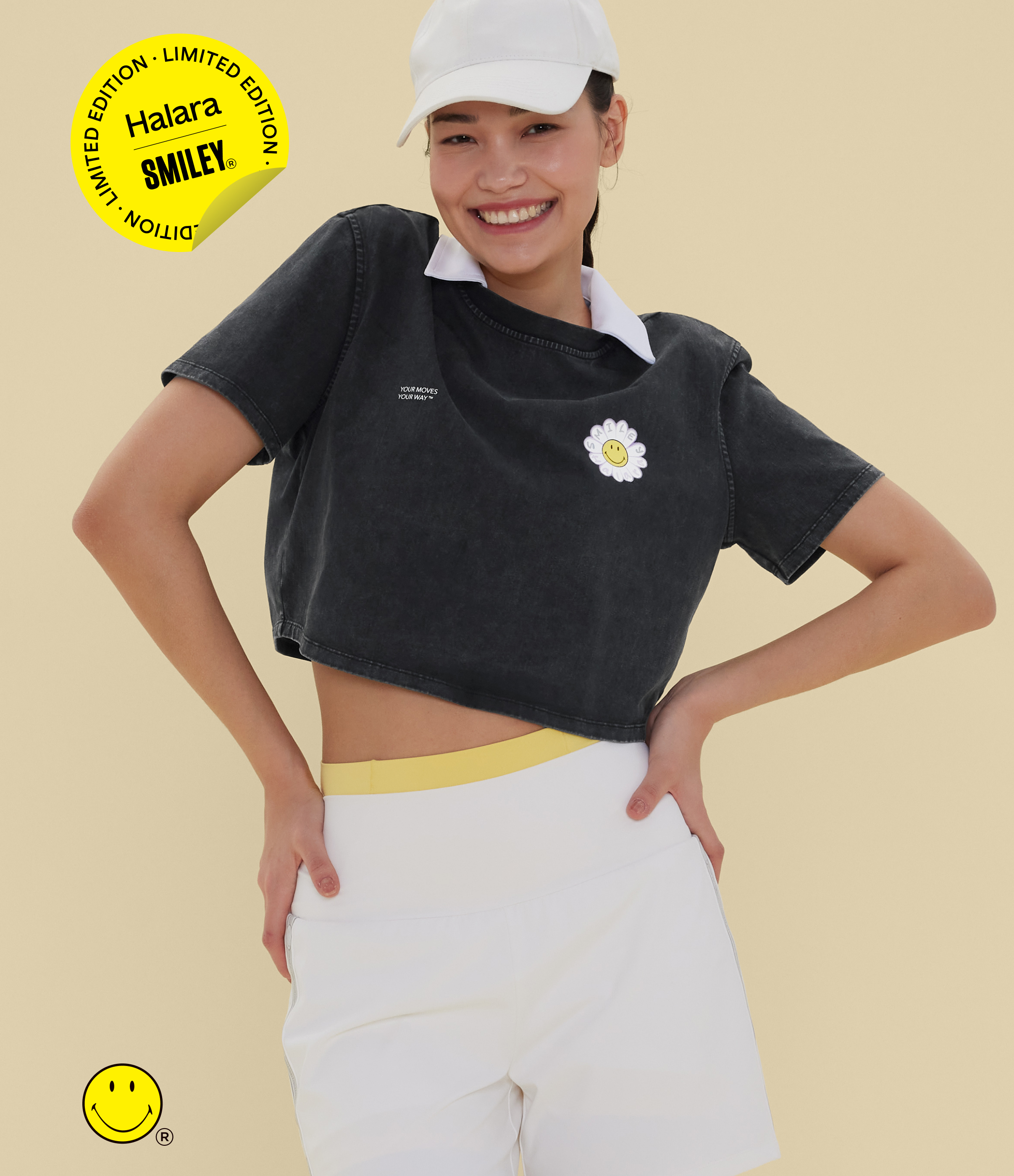 Halara X Smiley® - Camiseta casual de algodón con cuello redondo y mangas cortas