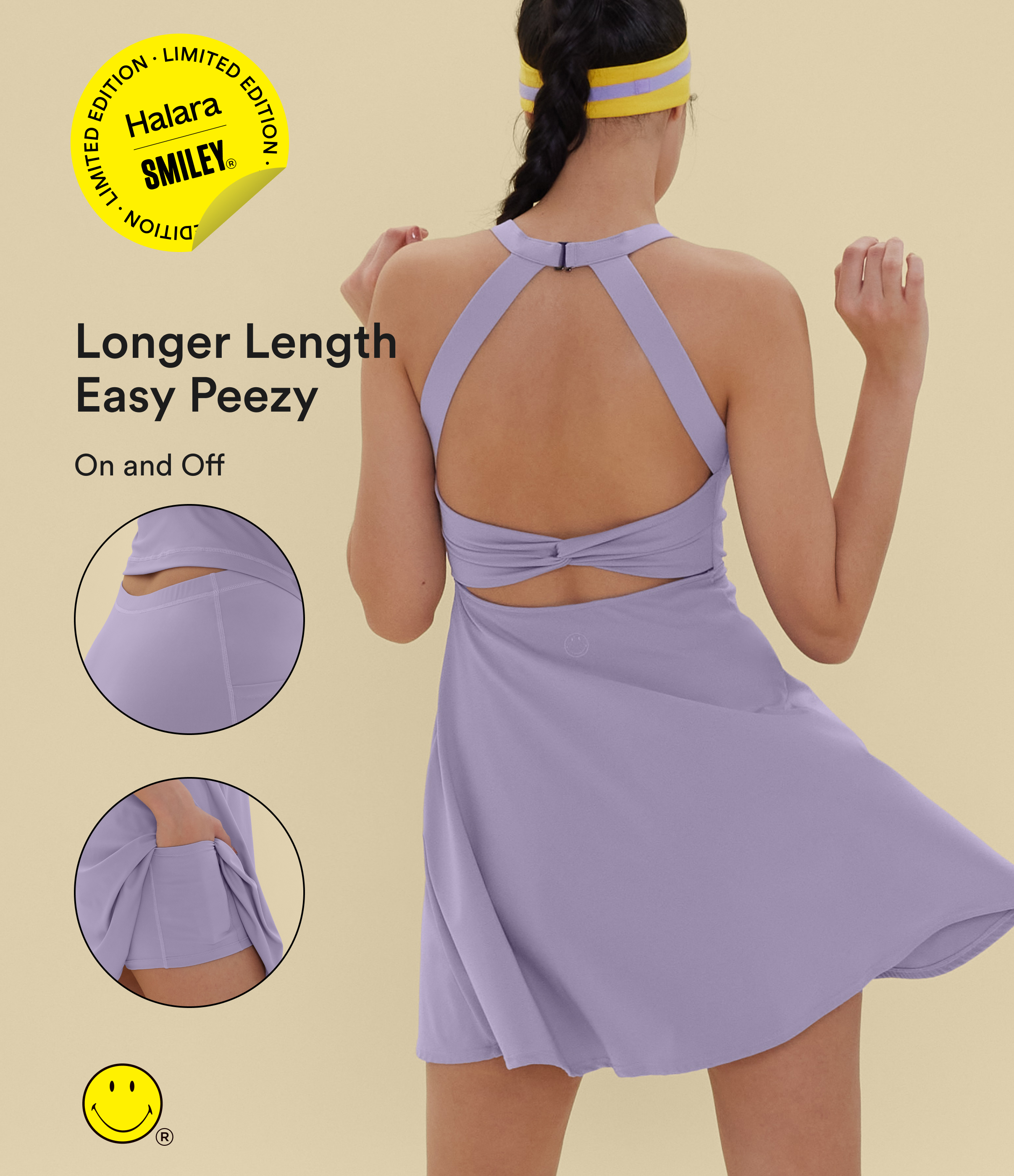 Halara X Smiley® SoftlyZero™ Airy Backless Twisted Flare Dance Active Dress with Pockets-Longer Length-Easy Peezy Edition A-C Cups