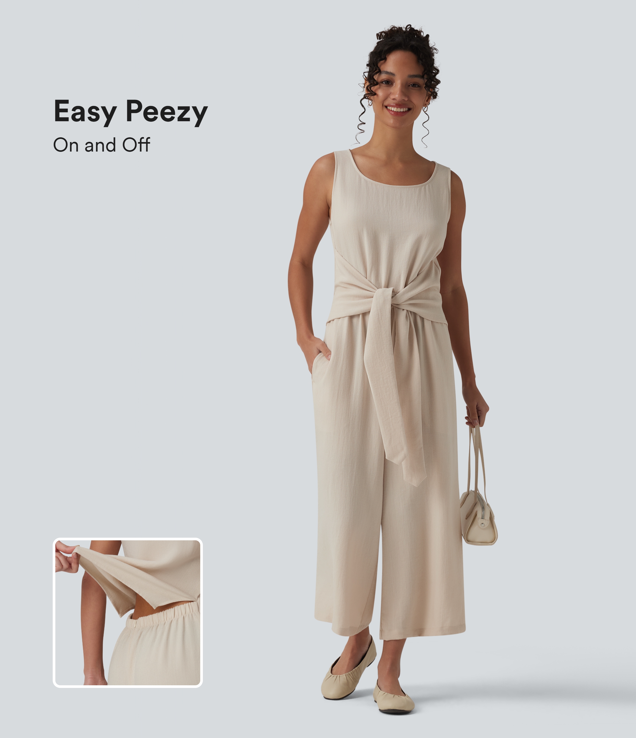 Scoop Neck Sleeveless Tie-front Casual Linen-Feel Jumpsuit with Pockets-Easy Peezy