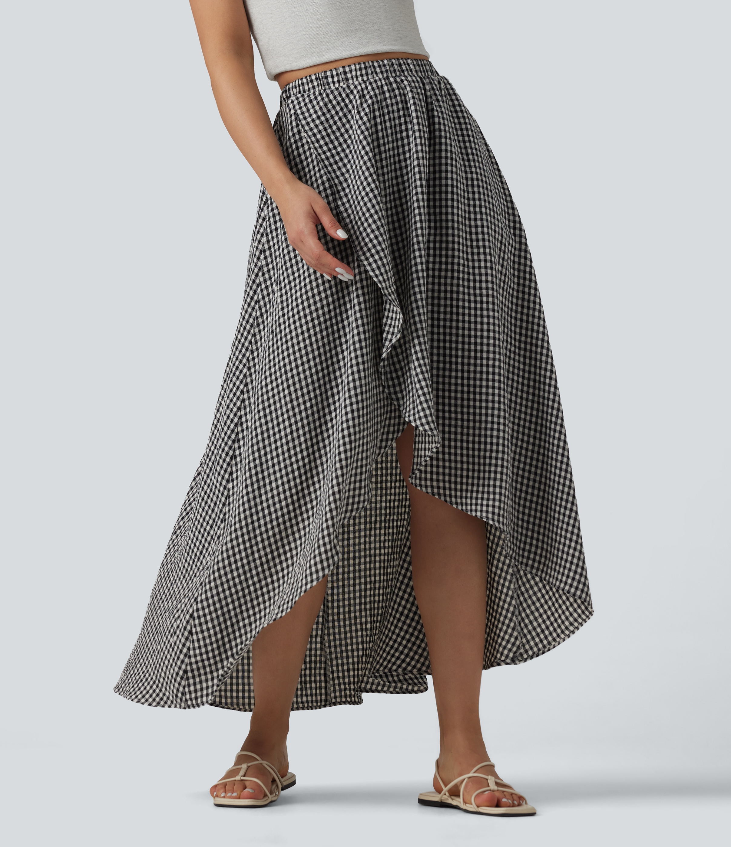 High Waisted High Low Plaid Flowy Midi Casual Linen-Feel Skirt with Pockets
