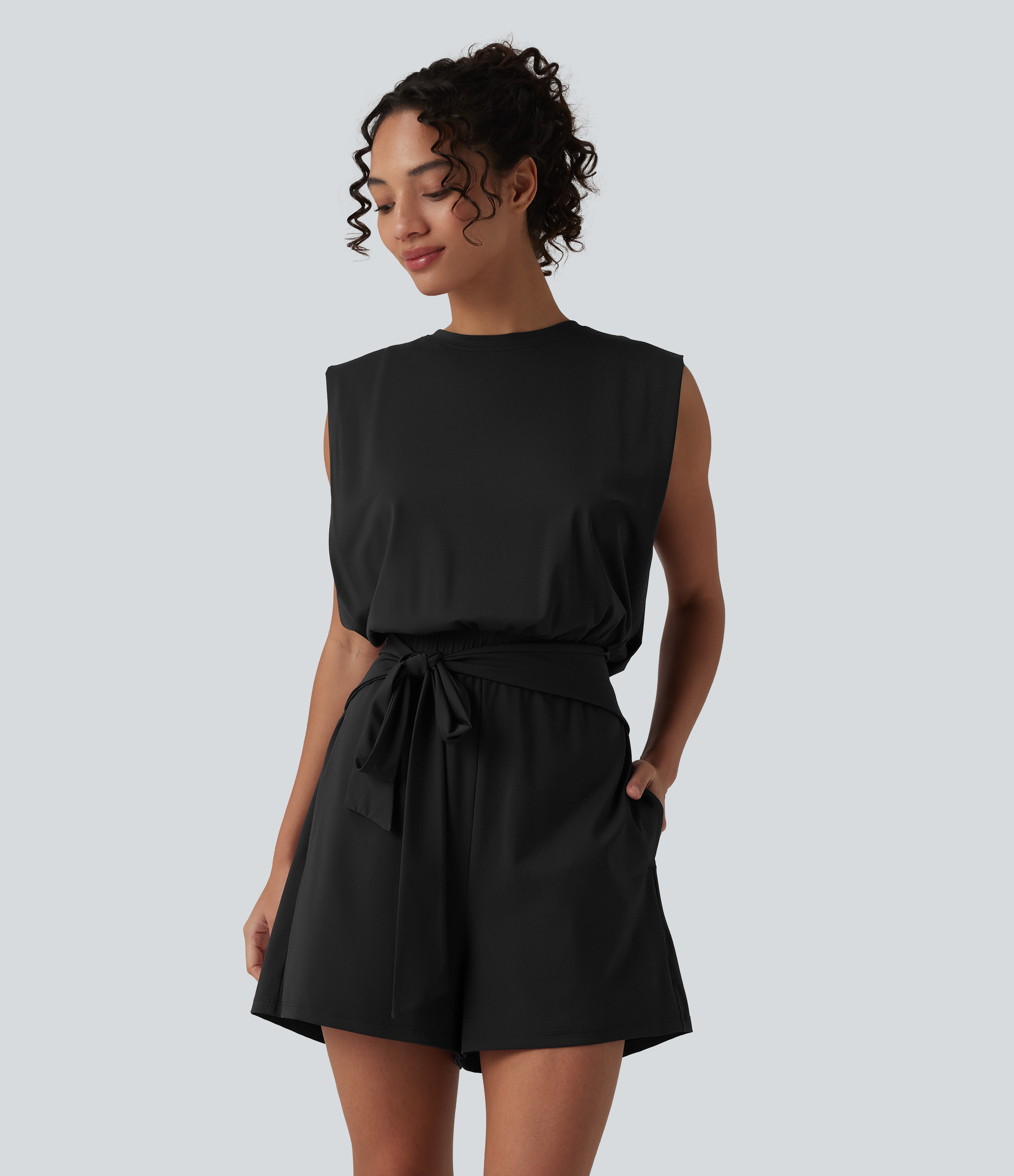 Round Neck Sleeveless Tie-front Cool Touch Casual Romper with Pockets-Easy Peezy-UPF50+