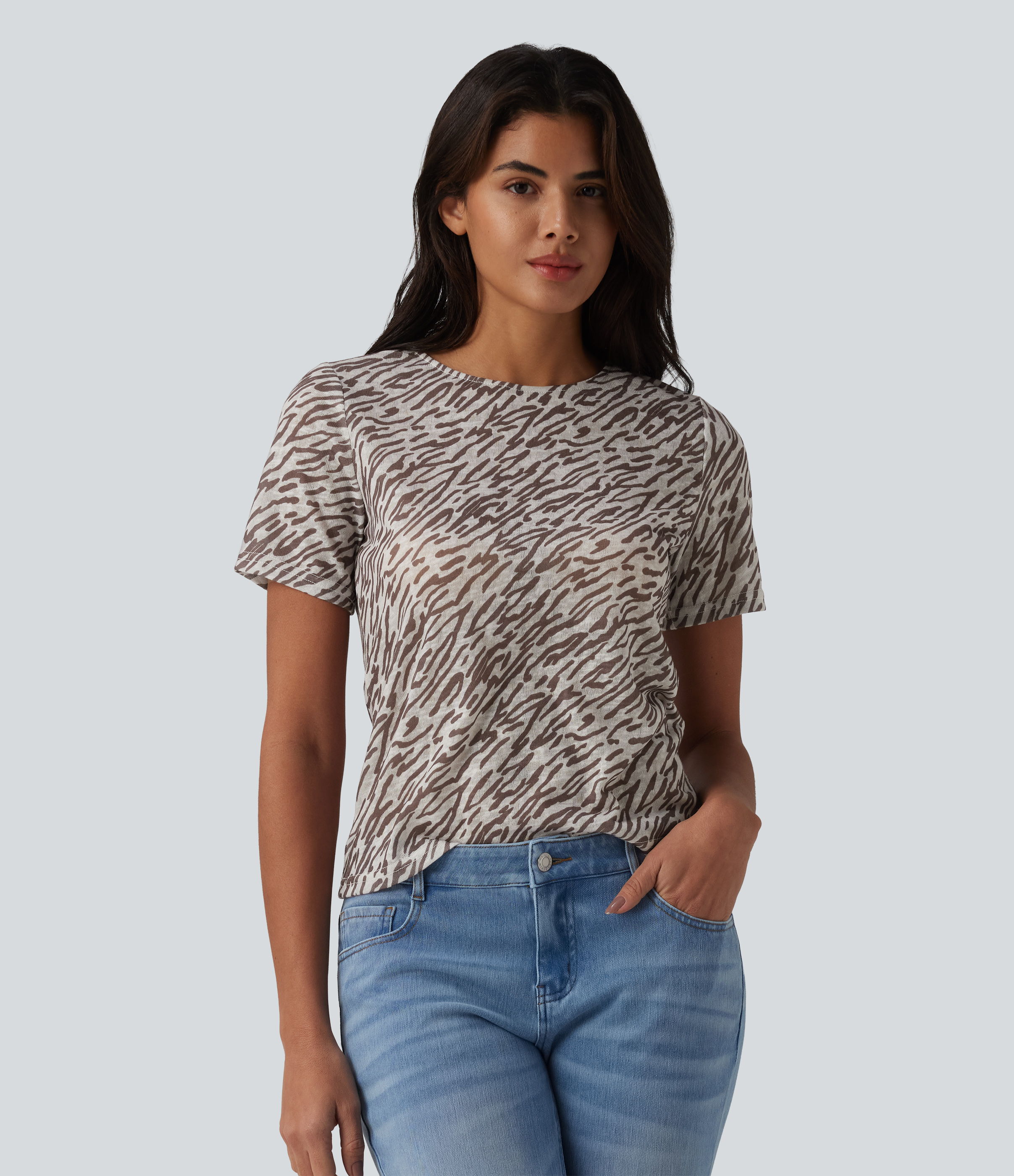 Round Neck Short Sleeve Zebra Print Casual T-Shirt