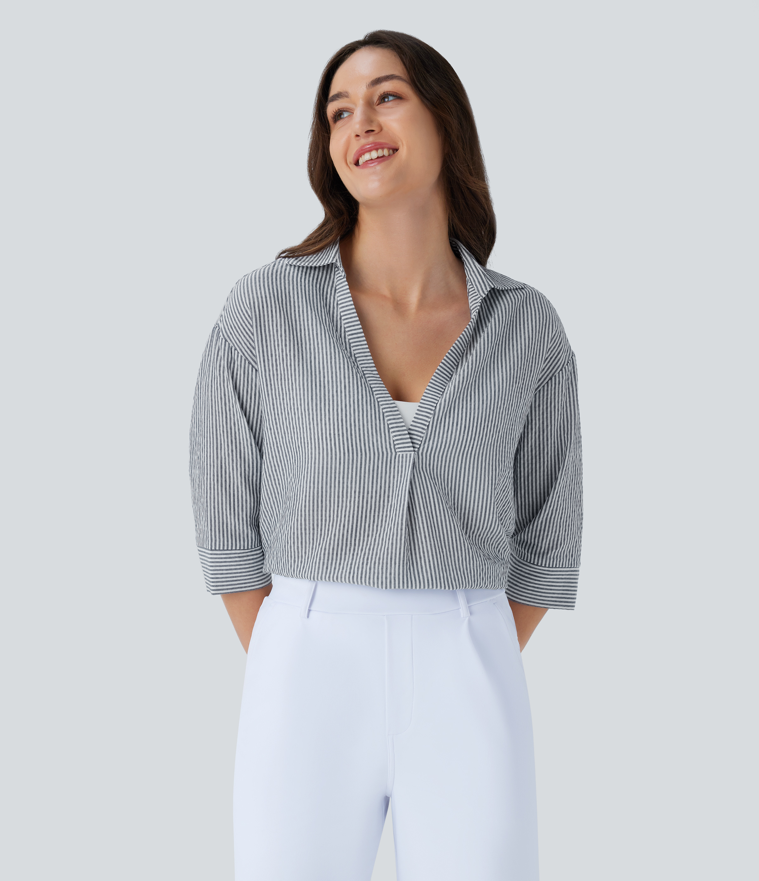 Half Sleeve Curved Hem Stripe Work Blouse