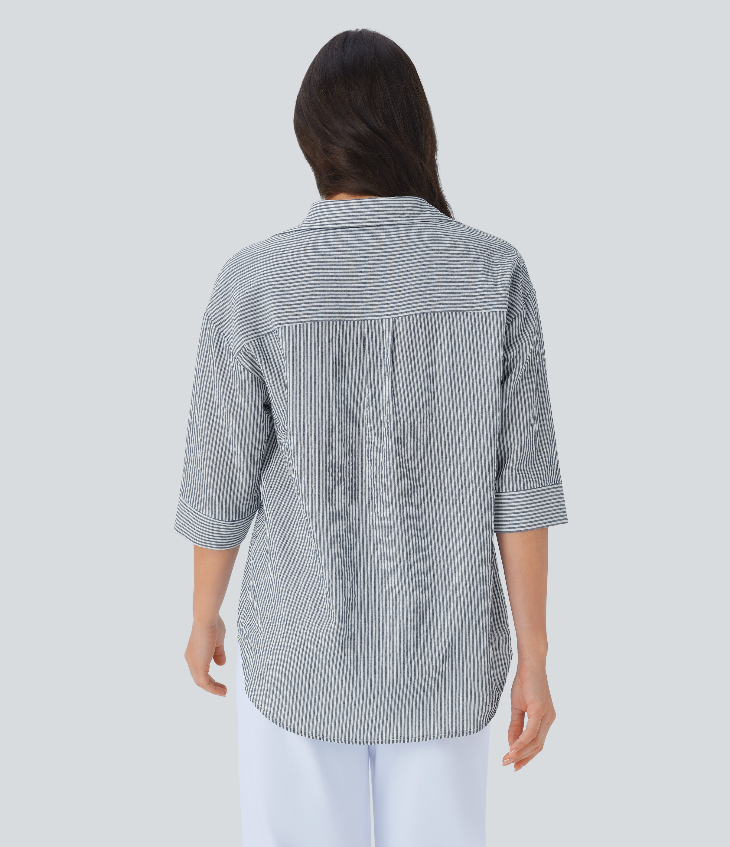 Azure White Stripe Half Sleeve Curved Hem Stripe Work Blouse / 2